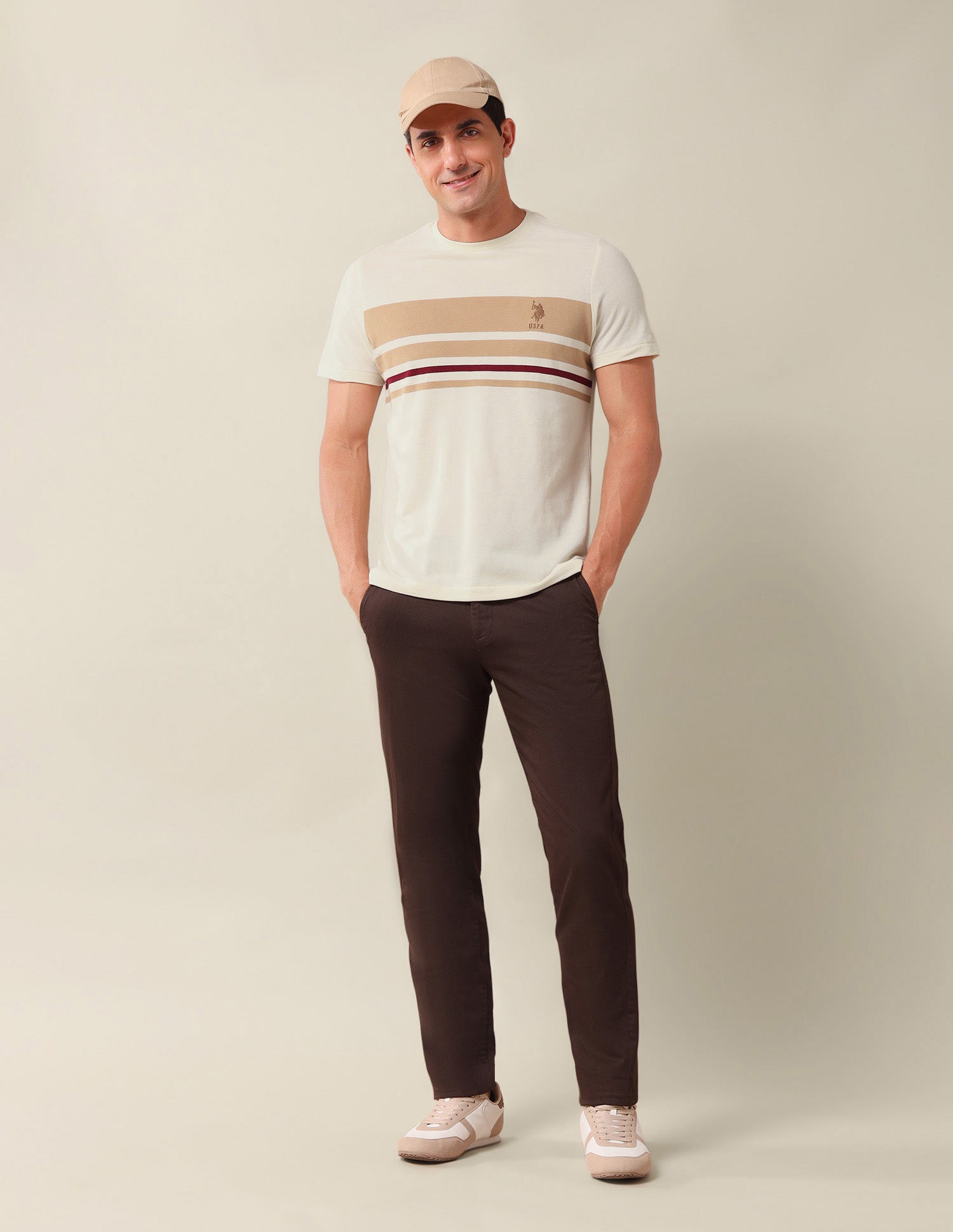 Horizontal Striped Slim Fit T-Shirt Beige - U.S. Polo Assn. India | Large