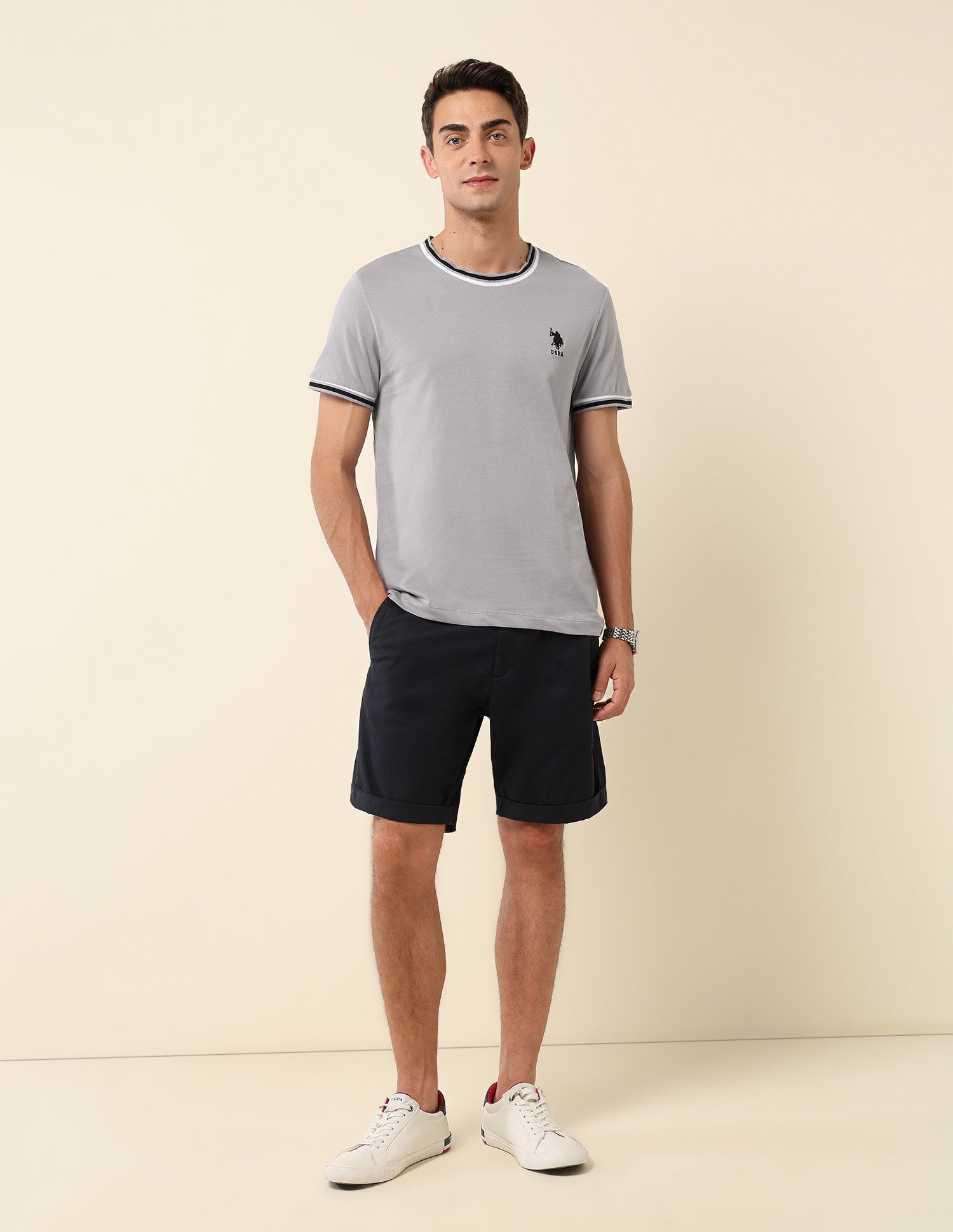 Pure Cotton Slim Fit T- Shirt Light Grey - U.S. Polo Assn. India | Large