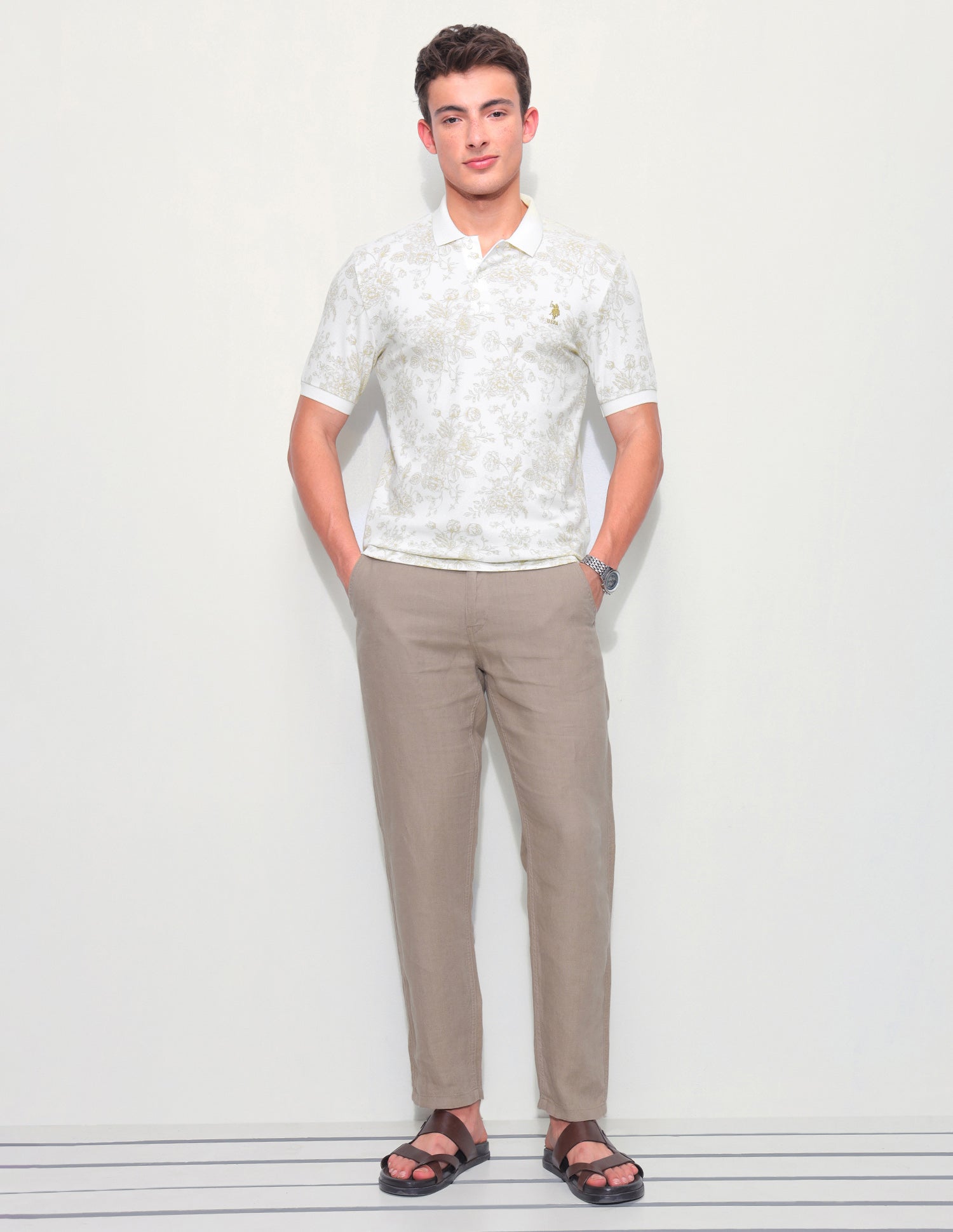 Floral Printed Slim Fit Polo Shirt Beige - U.S. Polo Assn. India | Large