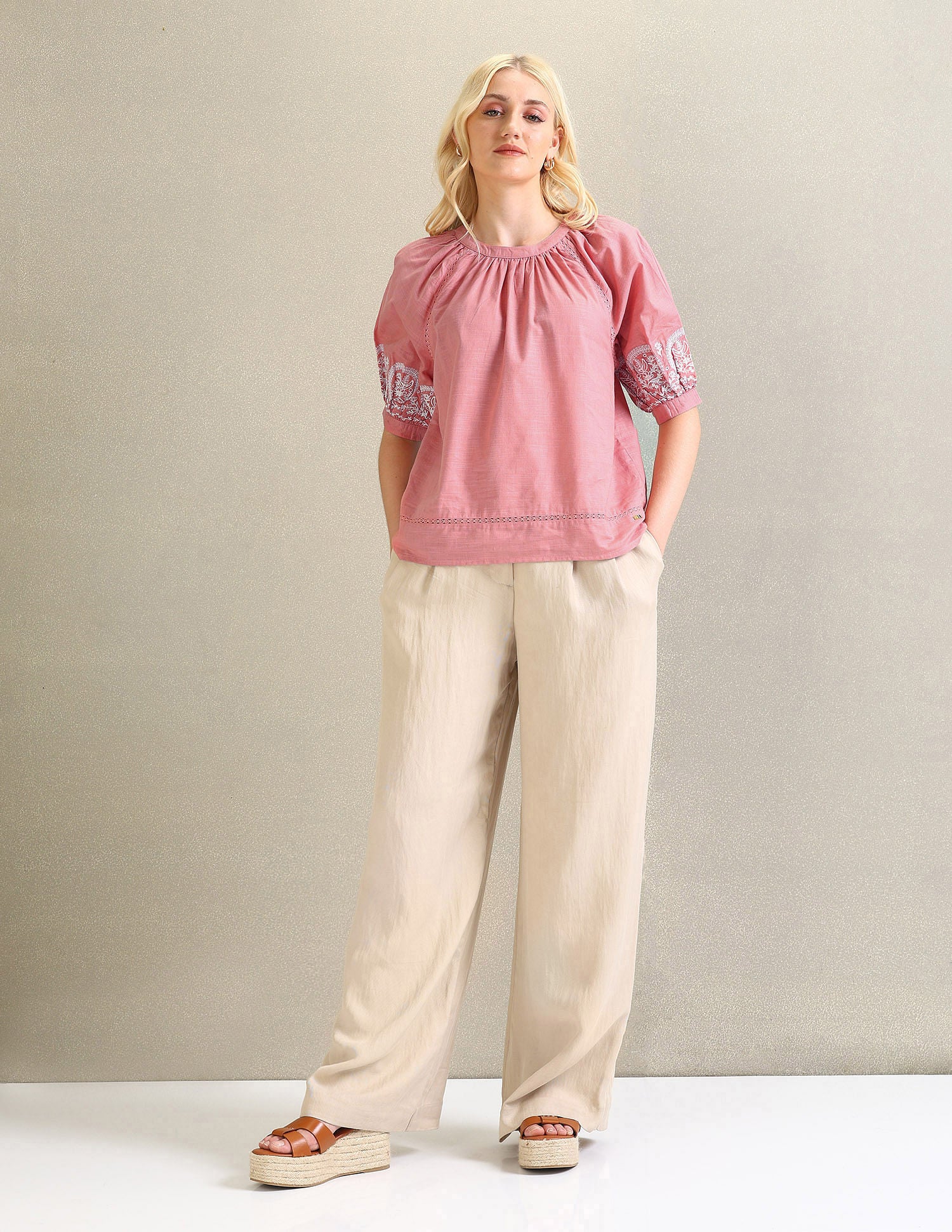 Embroidered Sleeve Cotton Top Pink - U.S. POLO ASSN. | Large