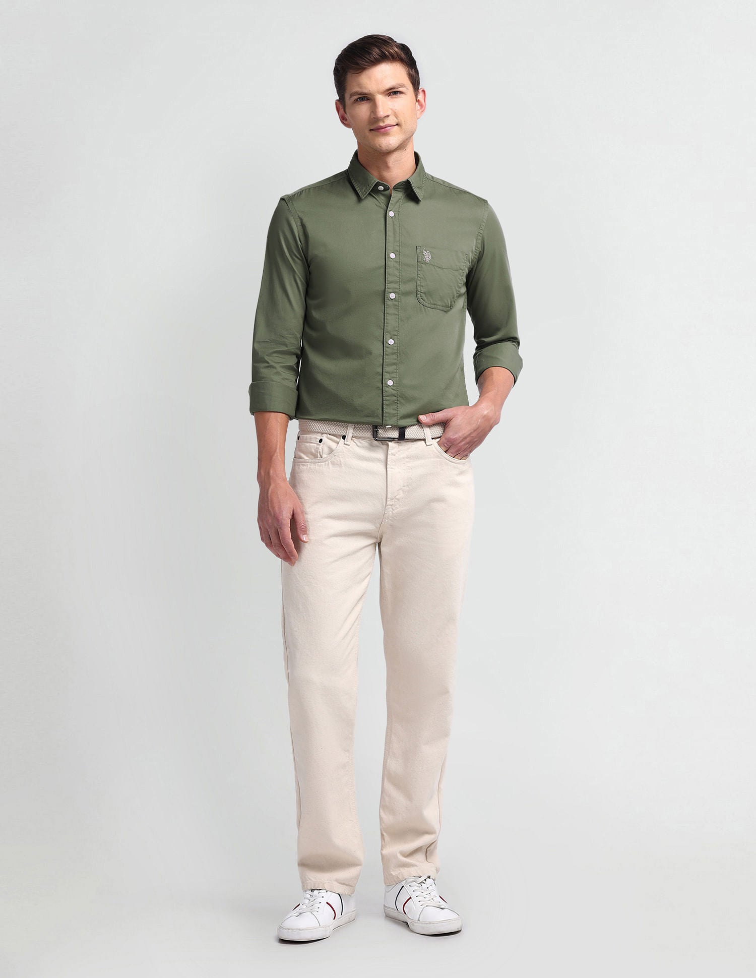 Semi Cutaway Collar Slim Fit Shirt Green - U.S. Polo Assn. India | Large