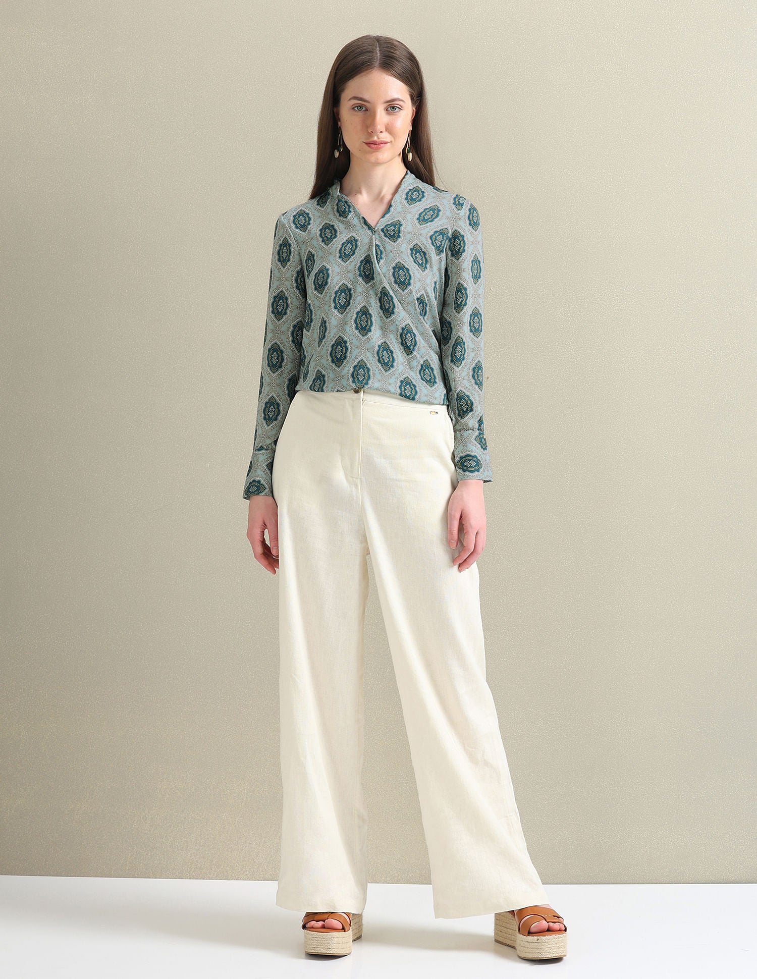 Motif Print Satin Wrap Top Blue - U.S. POLO ASSN. | Large