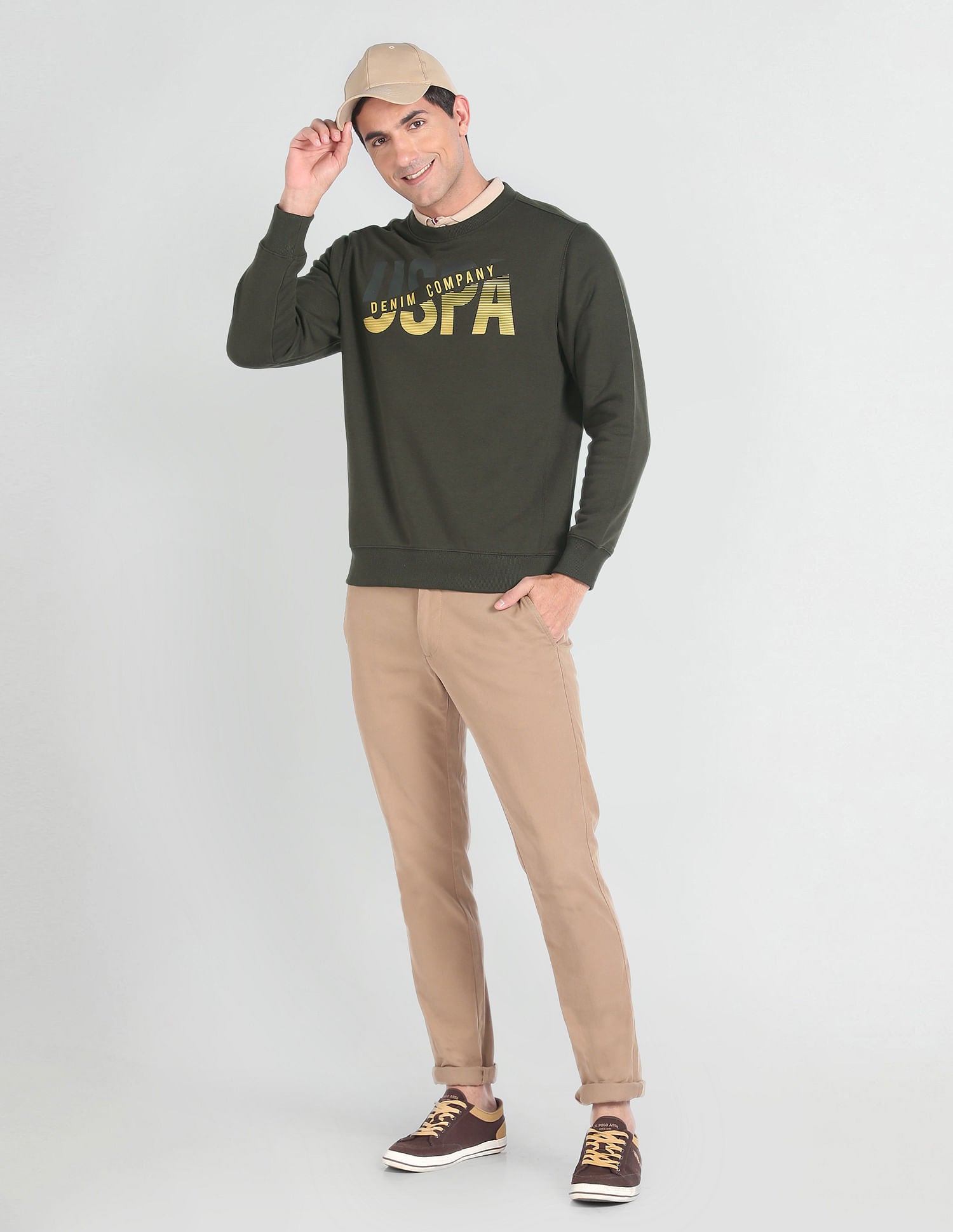 Brand Print Cotton Sweatshirt Olive - U.S. POLO ASSN. | Large