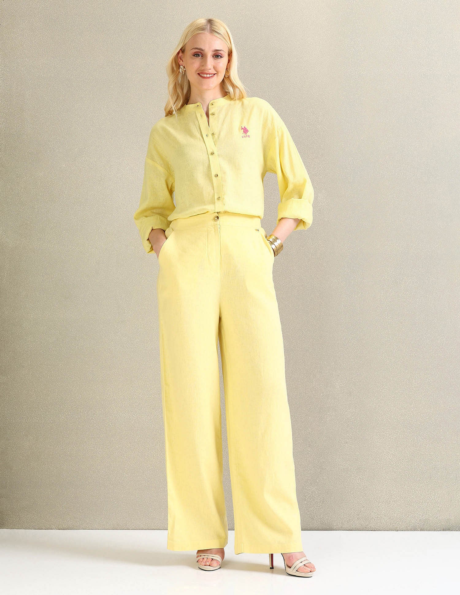 Mandarin Collar Viscose Linen Shirt Yellow - U.S. POLO ASSN. | Large