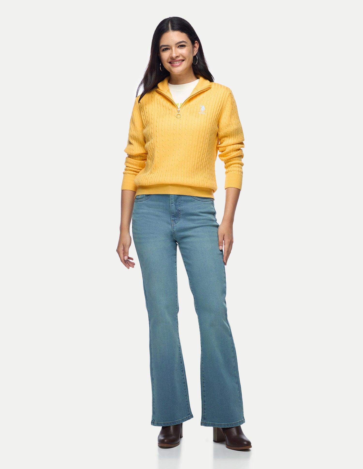 Cable Patterned Knit Regular Fit Sweater Yellow - U.S. Polo Assn. India | Large