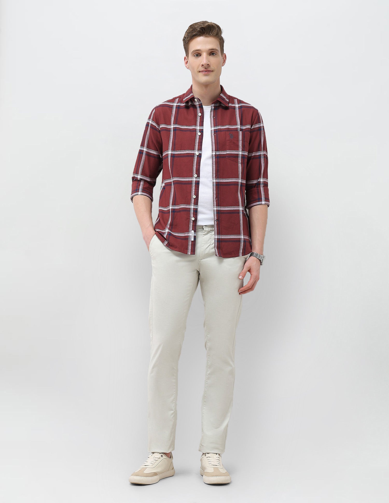 Windowpane Checked New Port Marina Shirt Maroon - U.S. Polo Assn. India | Large