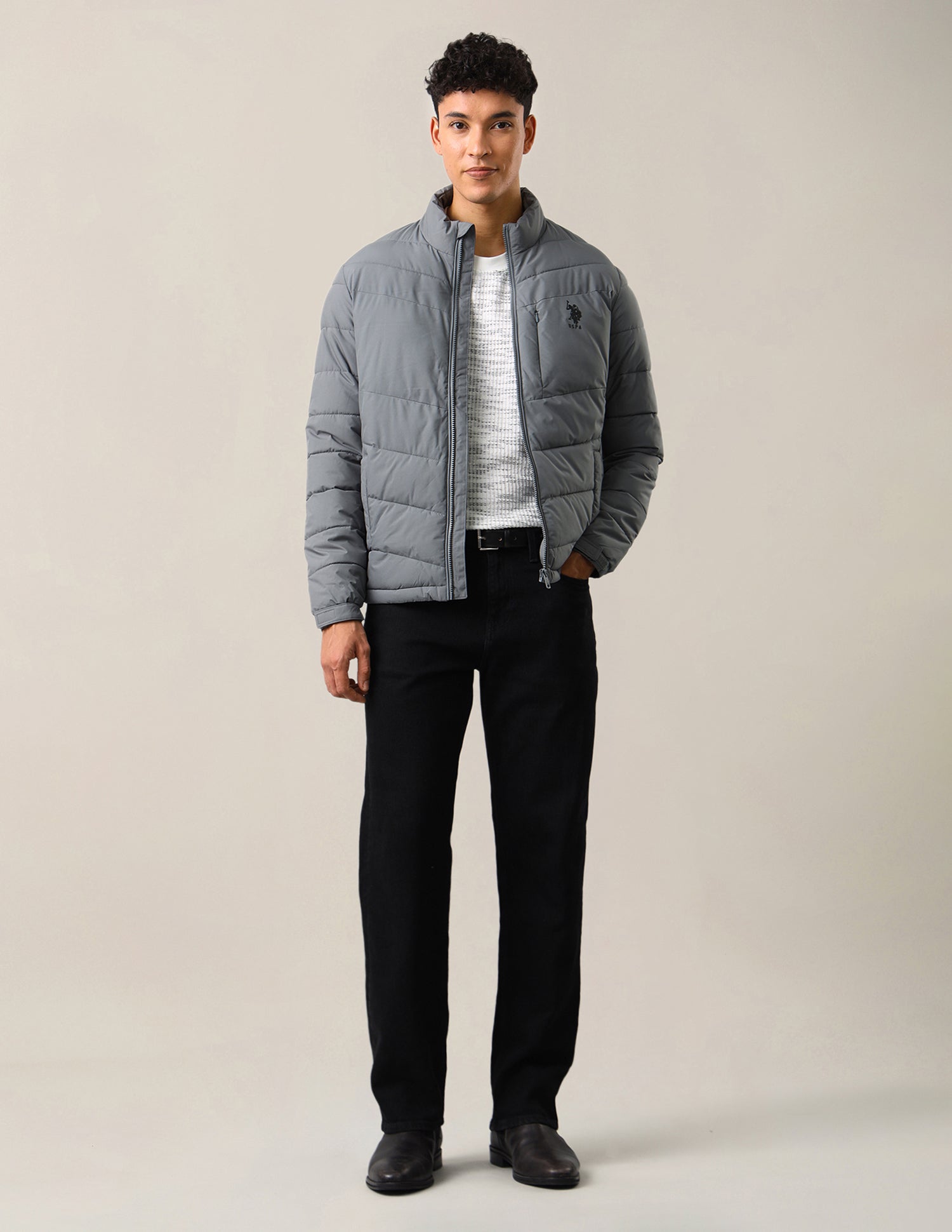 Solid Regular Fit Puffer Jacket Grey - U.S. Polo Assn. India | Large
