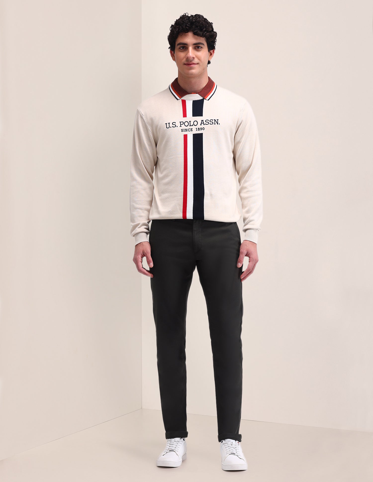Brand Printed Regular Fit Sweater Off White - U.S. Polo Assn. India | Large