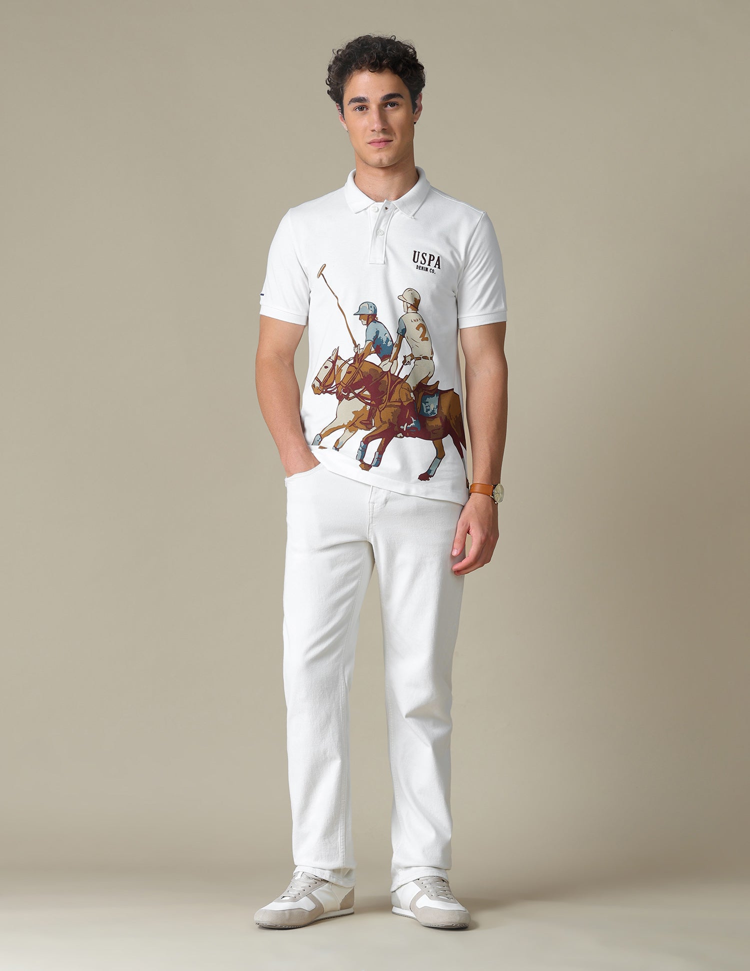 Graphic Brand Printed Slim Fit Polo Shirt Ivory - U.S. Polo Assn. India | Large
