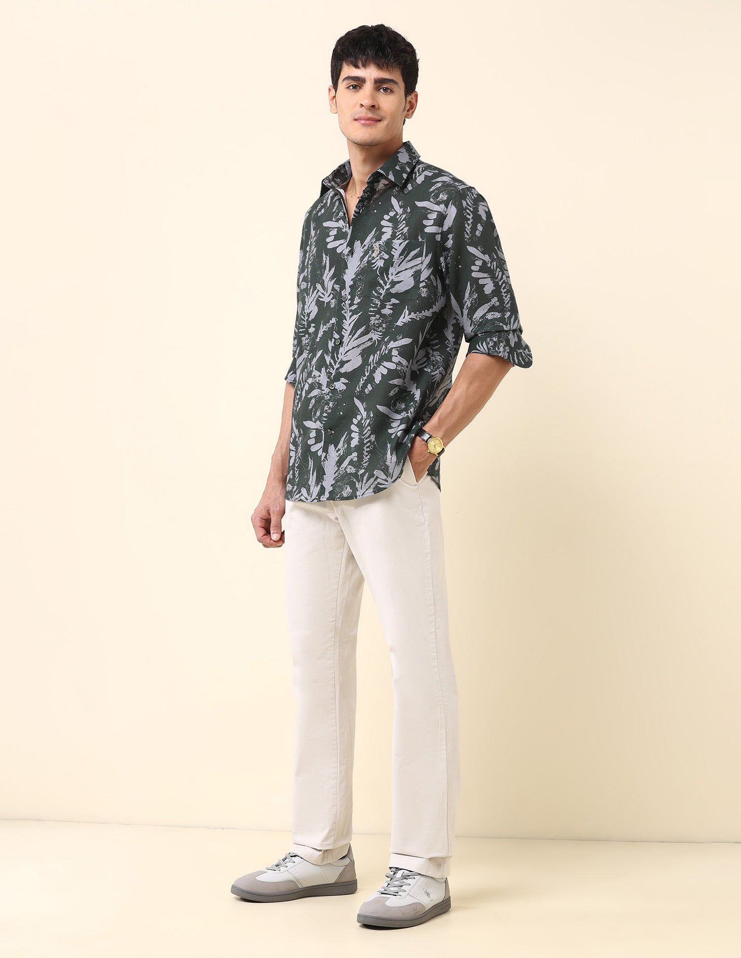 Tailored Fit Tropical Printed Shirt Dark Green - U.S. Polo Assn. India | Large