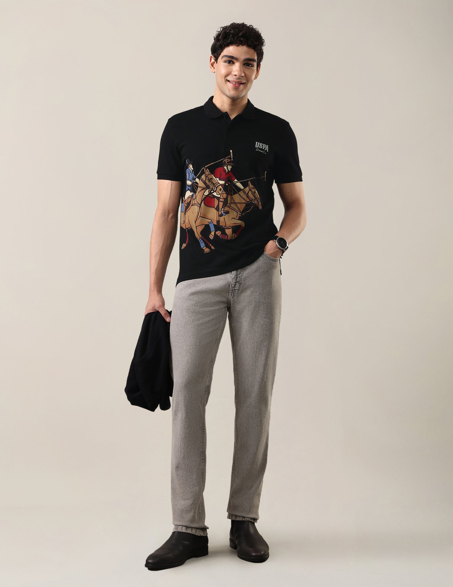 Graphic Brand Printed Slim Fit Polo Shirt Black - U.S. Polo Assn. India | Large