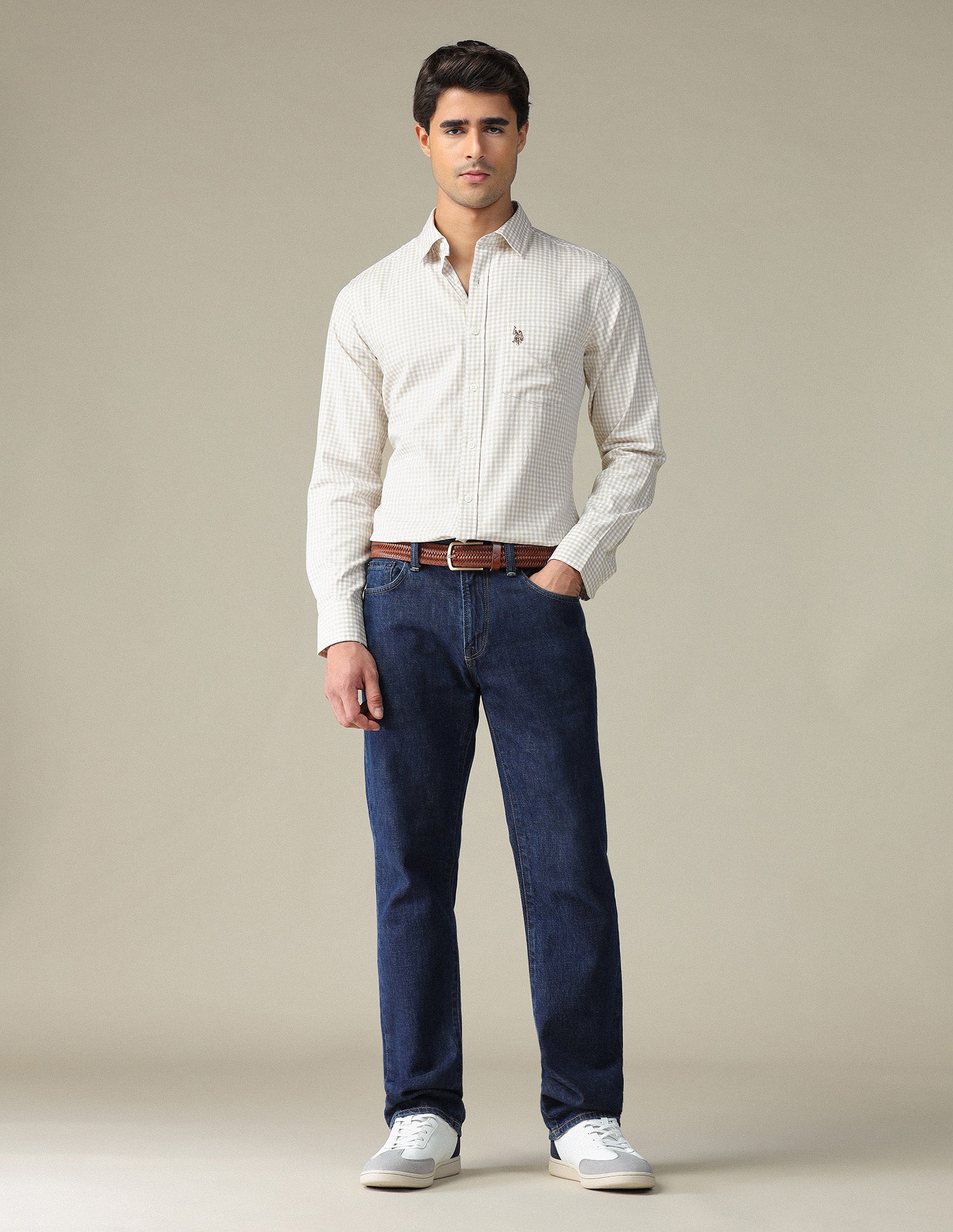 Pure Cotton Gingham Checked Shirt Beige - U.S. POLO ASSN. | Large