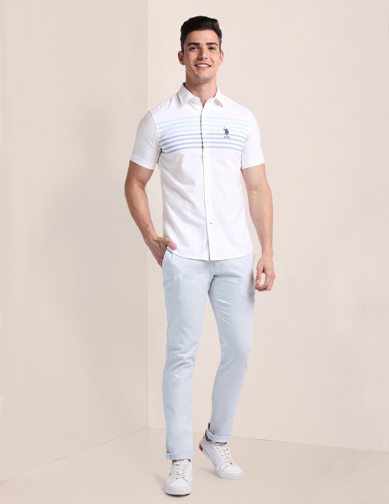 Premium Cotton Oxford Shirt White and Blue - U.S. Polo Assn. India | Large