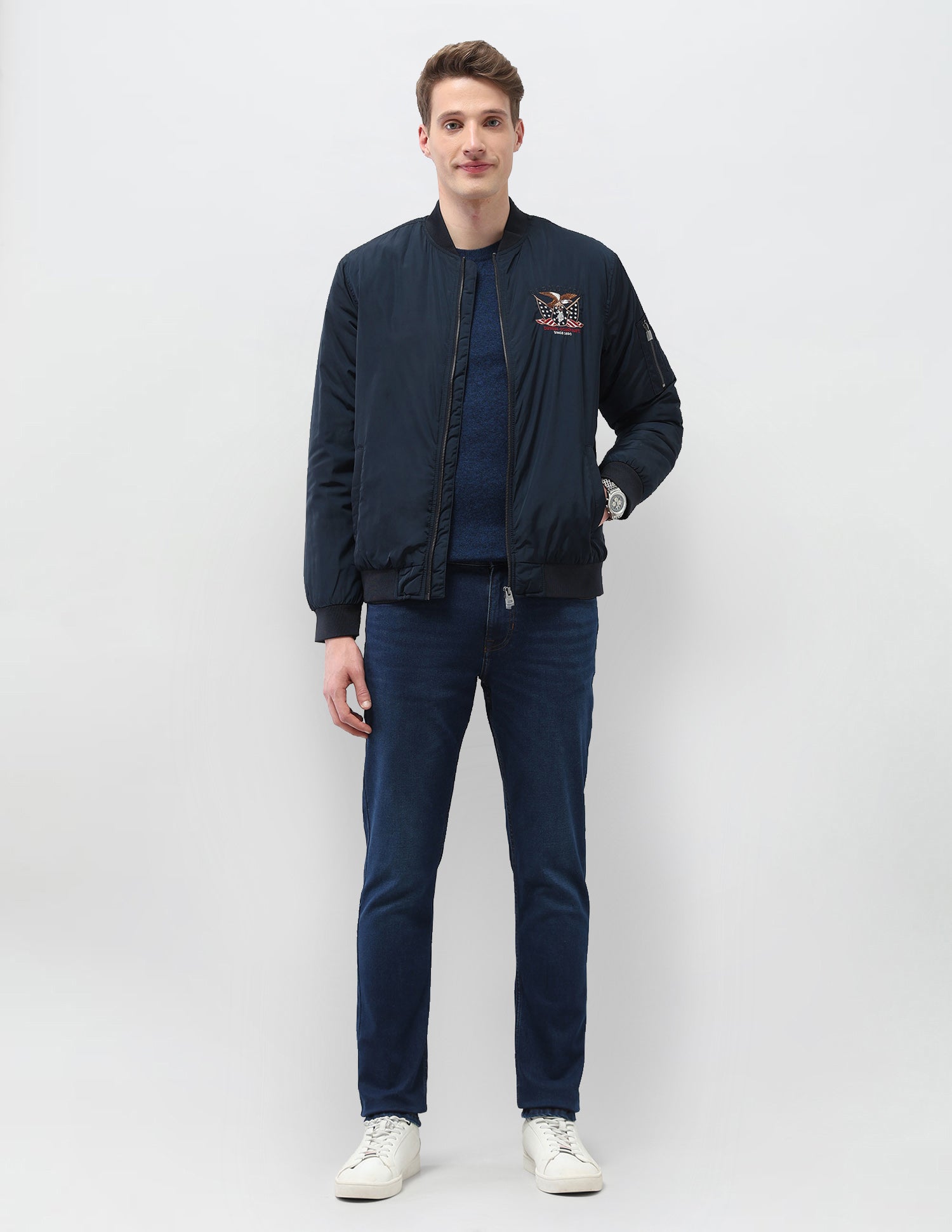 Solid Regular Fit Bomber Jacket Navy - U.S. Polo Assn. India | Large