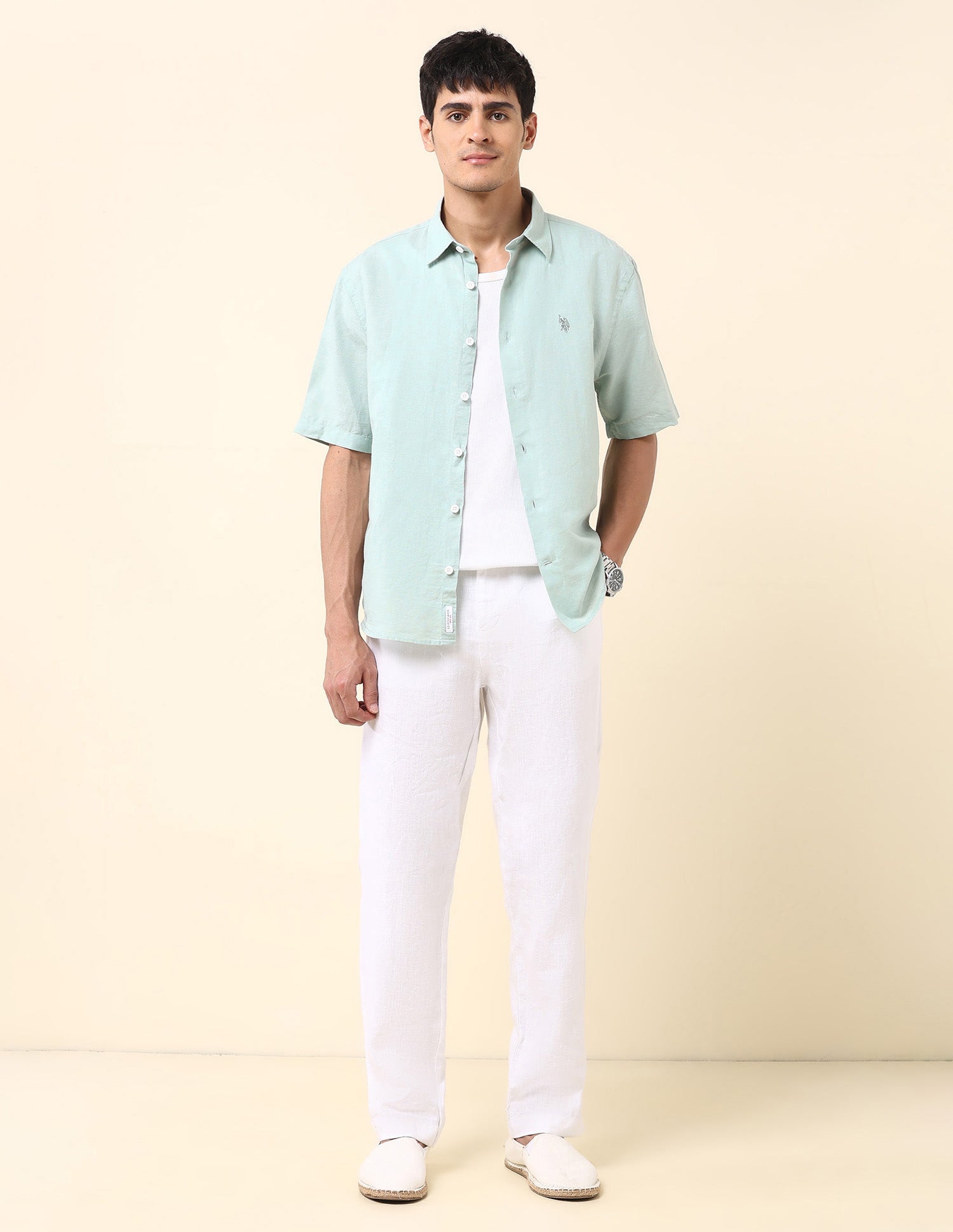 Solid Tailored Fit Amsler Shirt Light Green - U.S. Polo Assn. India | Large