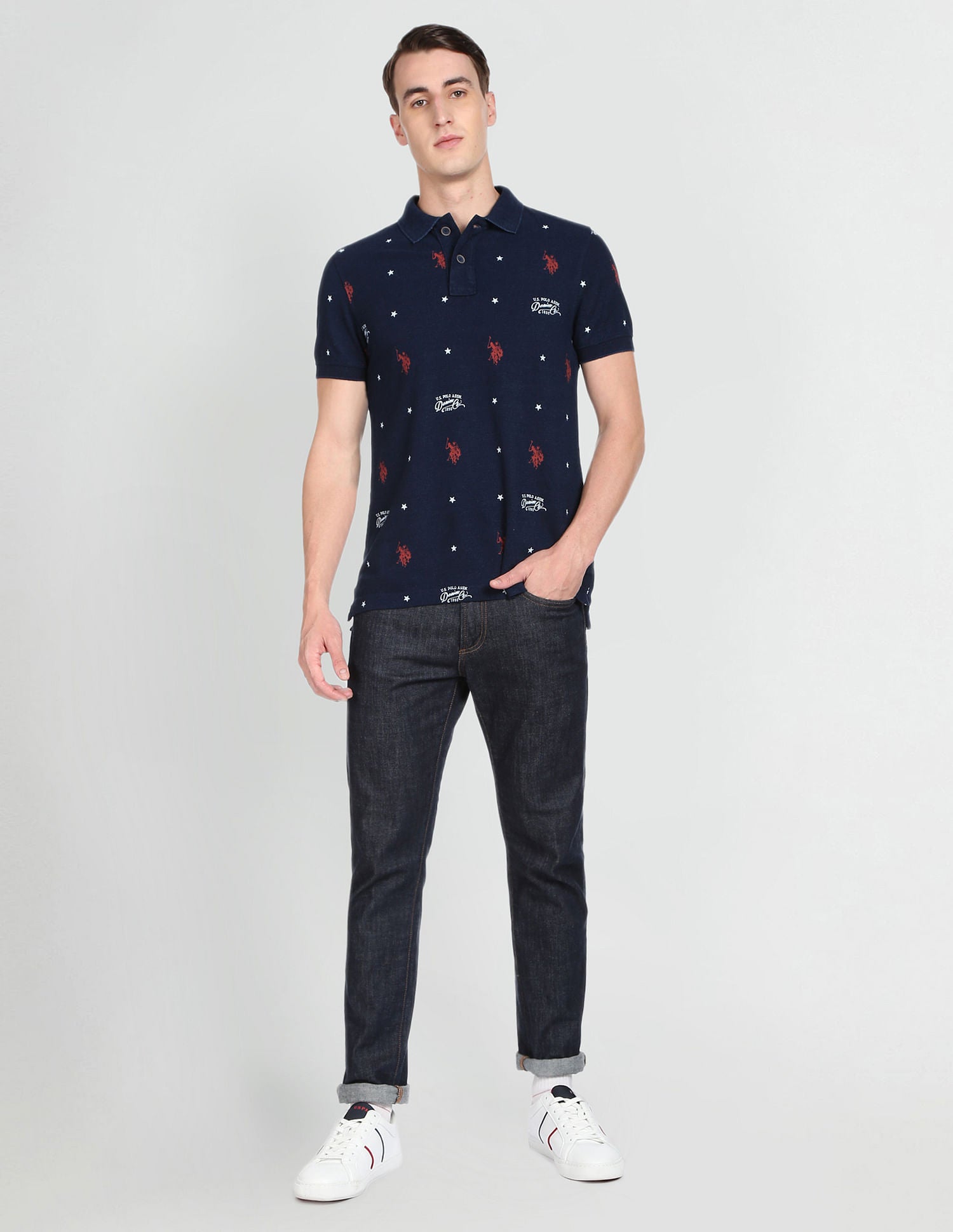 Ribbed Collar Pique Wash Cotton Polo Shirt Indigo - U.S. Polo Assn. India | Large