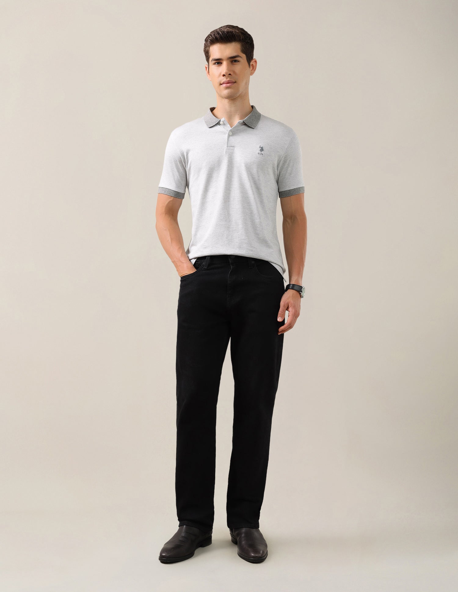 Textured Slim Fit Polo Shirt Light Grey - U.S. Polo Assn. India | Large