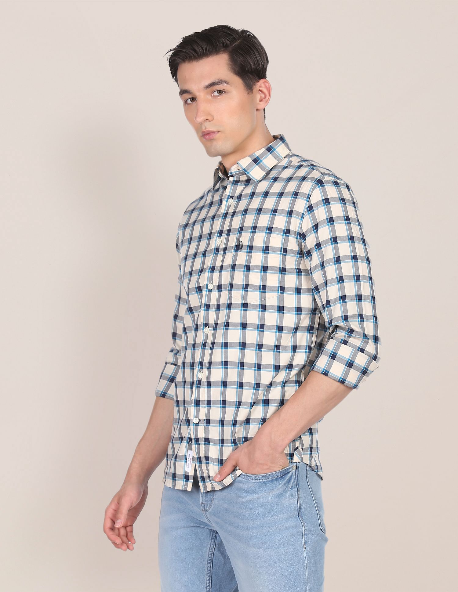 Men Off White Spread Collar Check Casual Shirt Off White - U.S. POLO ASSN. | Large