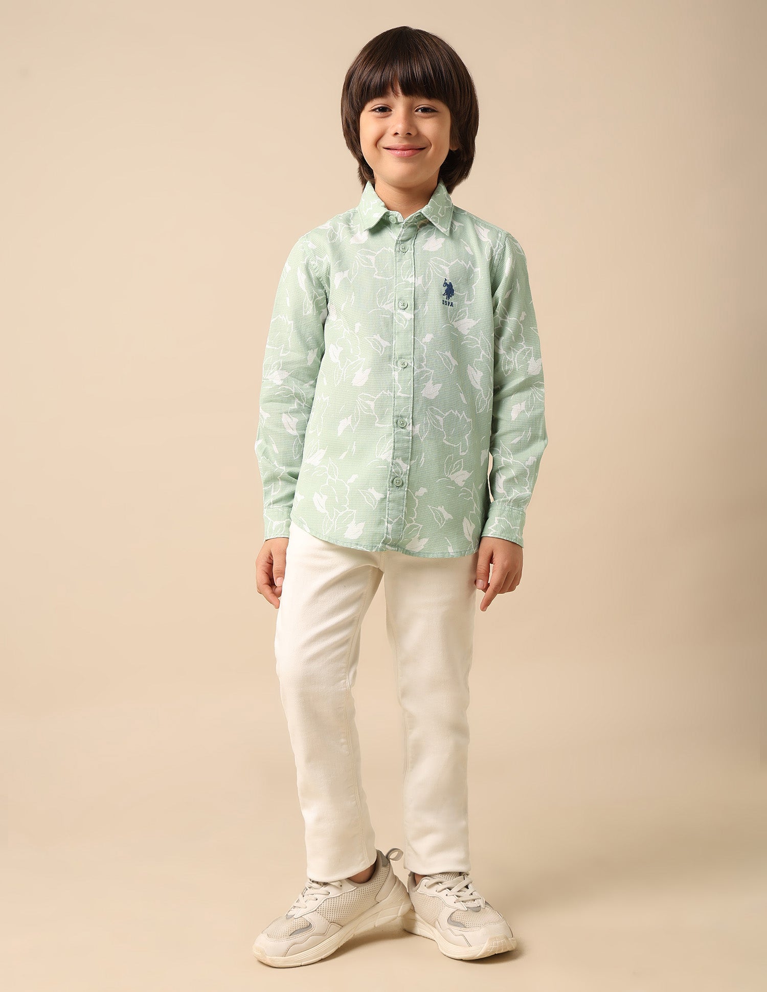 Boys Floral Printed Dobby Shirt Green - U.S. POLO ASSN. | Large