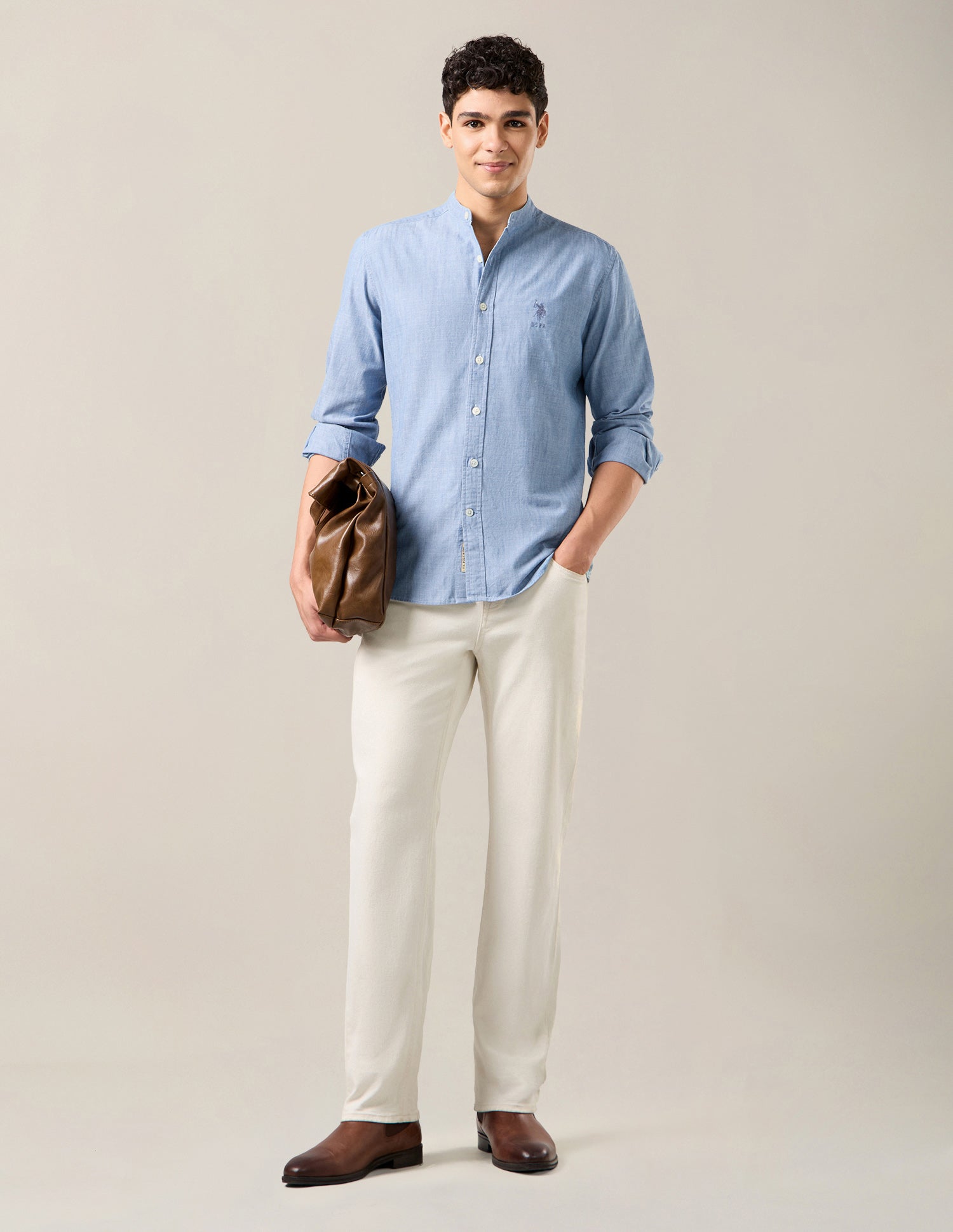 Heathered Twill Mandarin Shirt Light Indigo - U.S. Polo Assn. India | Large