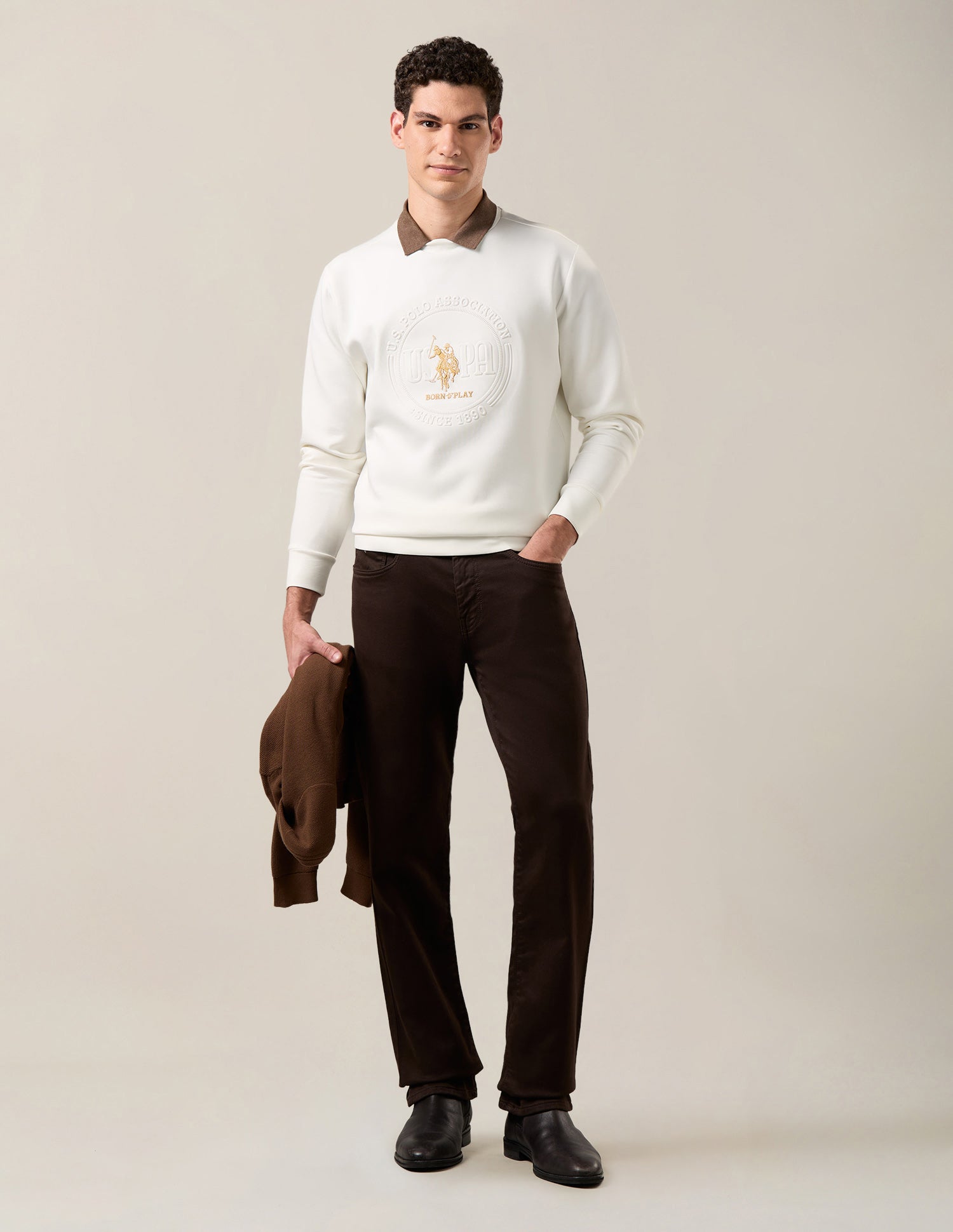 Brand Embossed Slim Fit Sweatshirt Off White - U.S. Polo Assn. India | Large