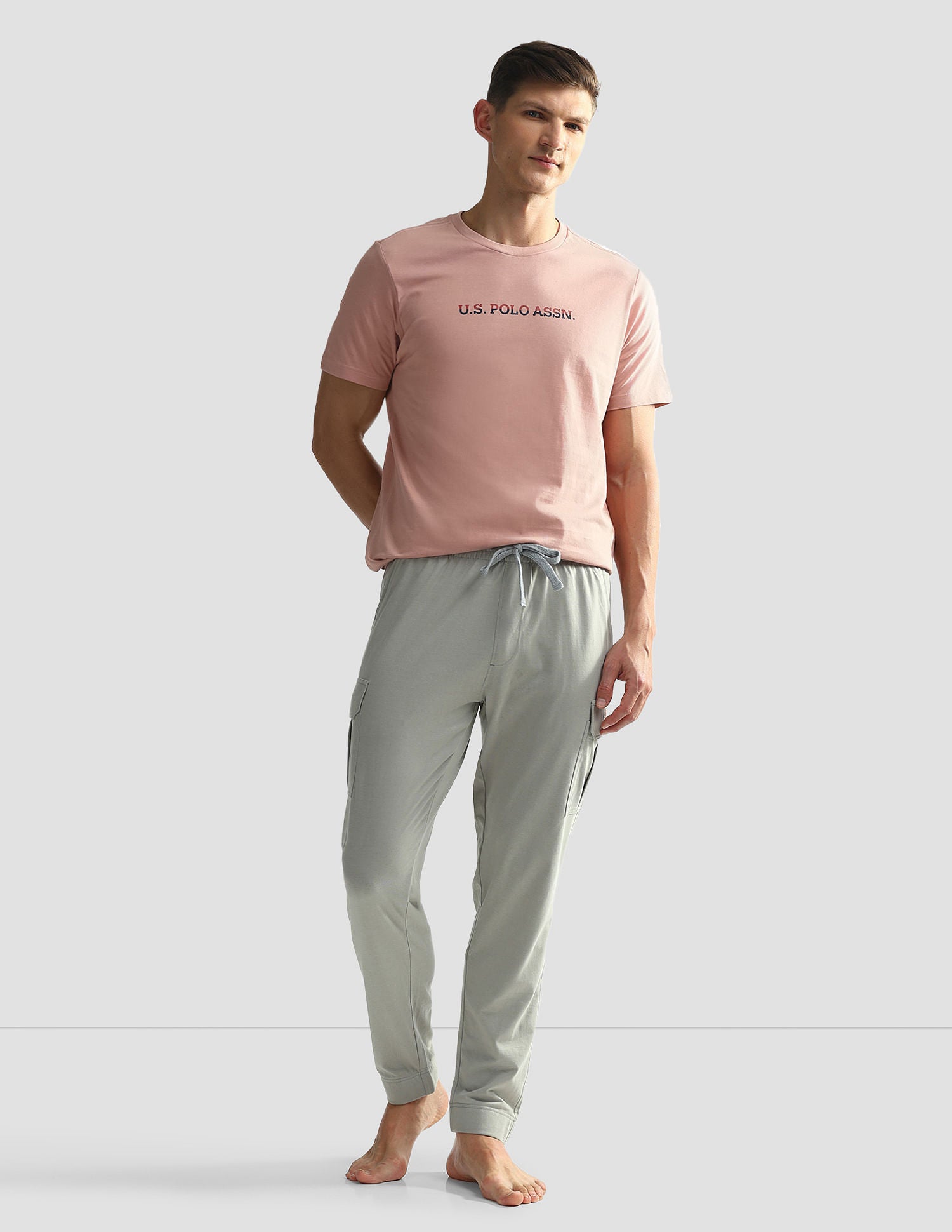 Brand Print Cotton OEE02 Lounge T-Shirt - Pack Of 2 Pastle Pink and Grey Mel - U.S. POLO ASSN. | Large