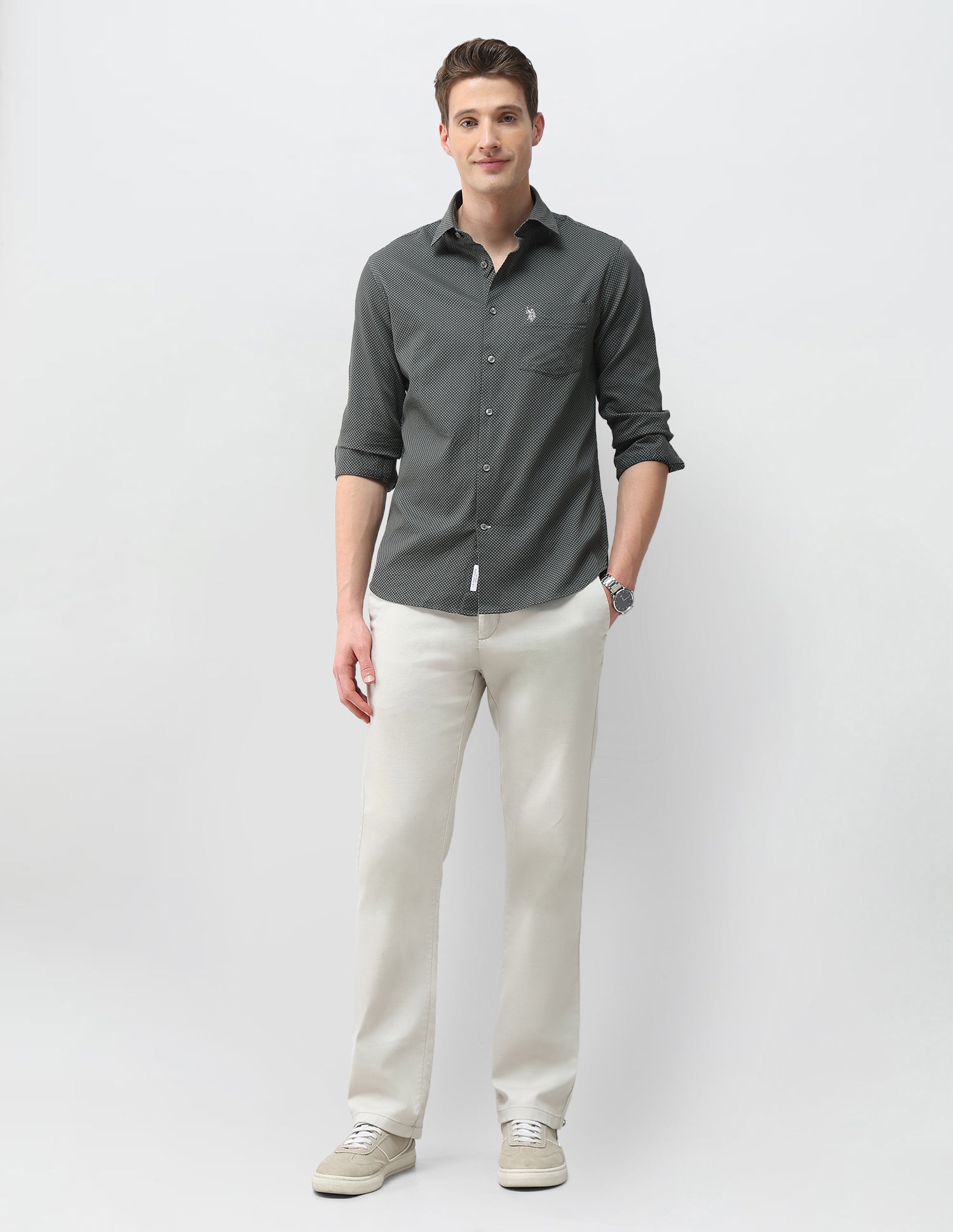 Geometric Printed Dobby Shirt Olive - U.S. Polo Assn. India | Large