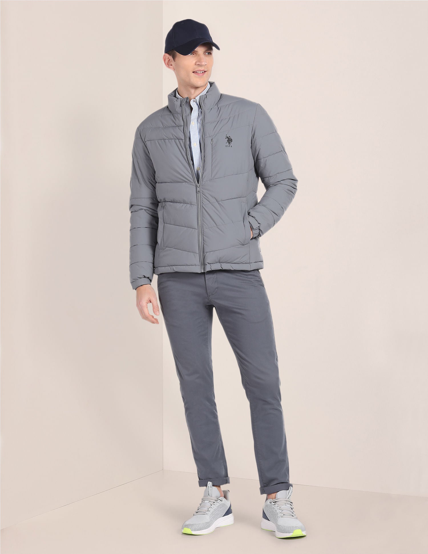 High Neck Quilted Jacket Grey - U.S. Polo Assn. India | Large