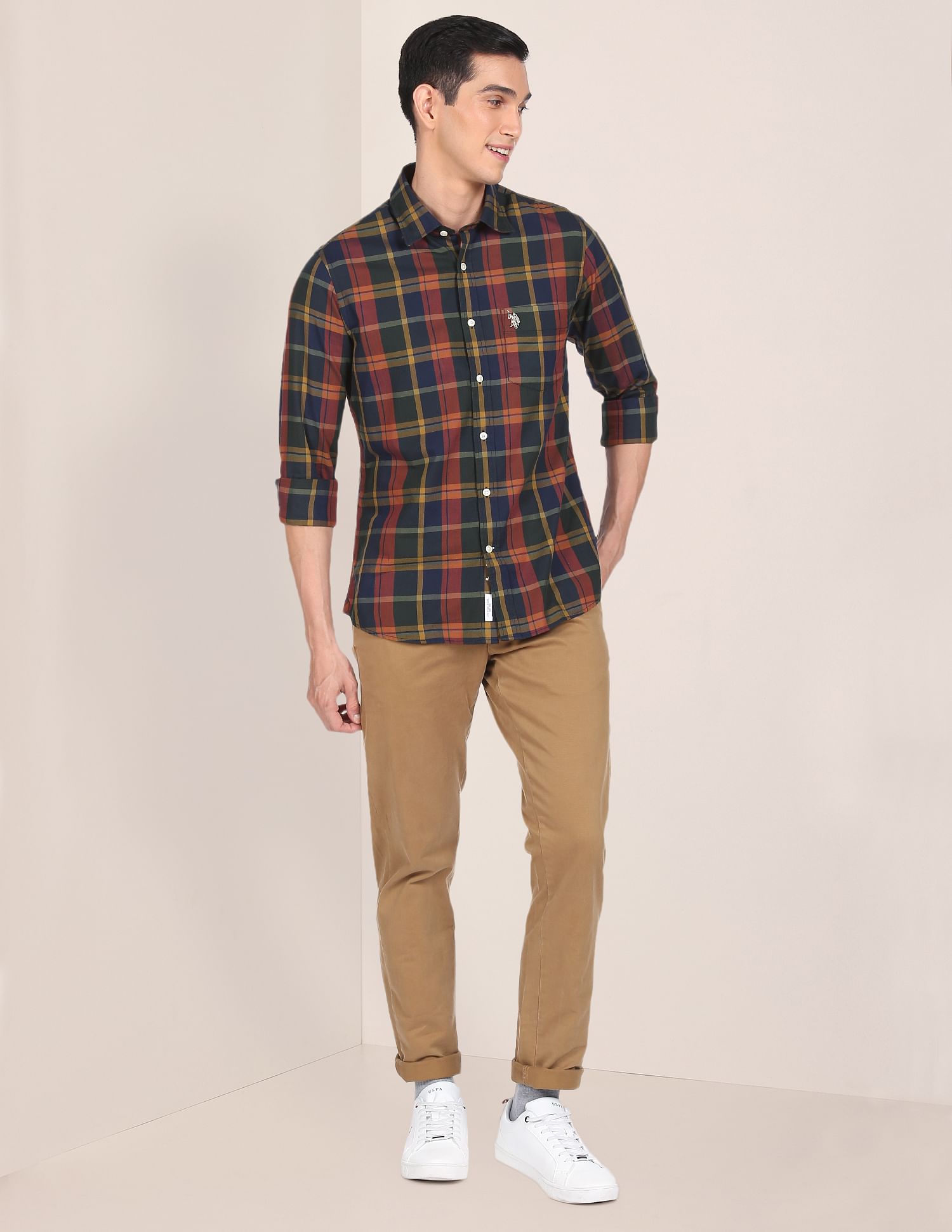 Men Navy Spread Collar Check Casual Shirt Navy - U.S. POLO ASSN. | Large