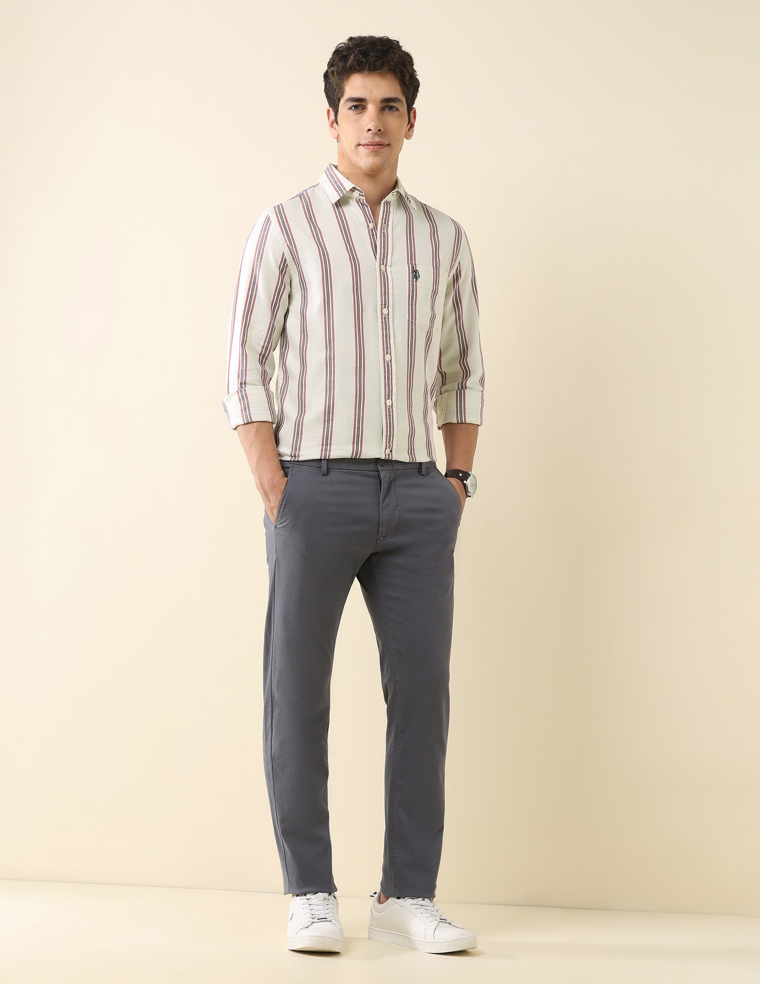 Vertical Striped Pure Cotton Shirt Ivory - U.S. Polo Assn. India | Large