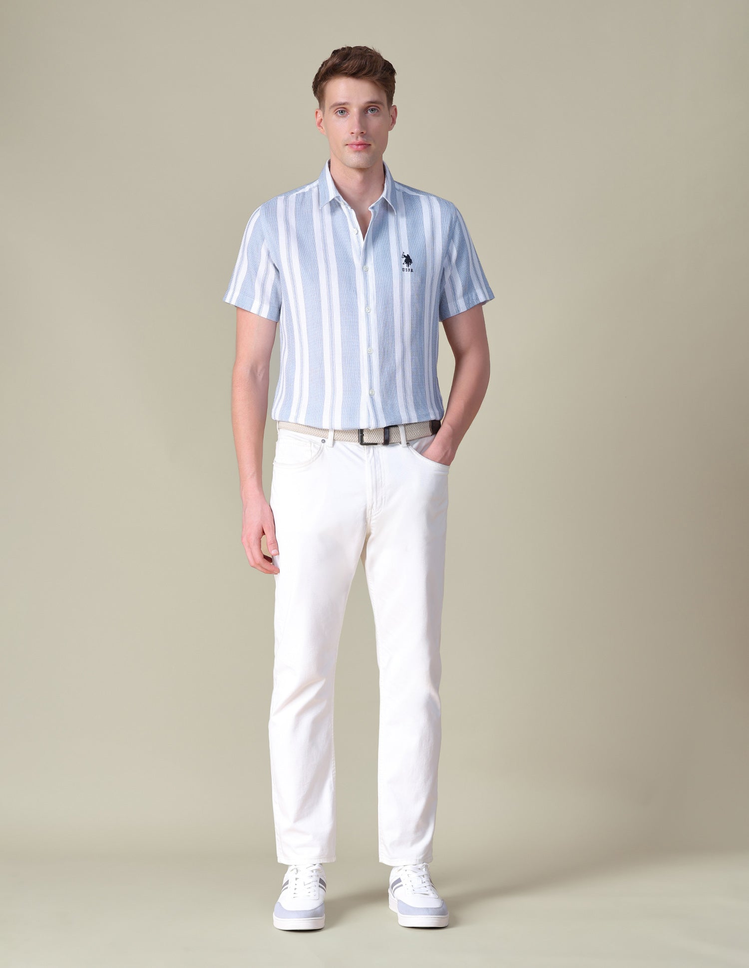 Textured Vertical Striped Regular Fit Shirt Blue - U.S. POLO ASSN. | Large