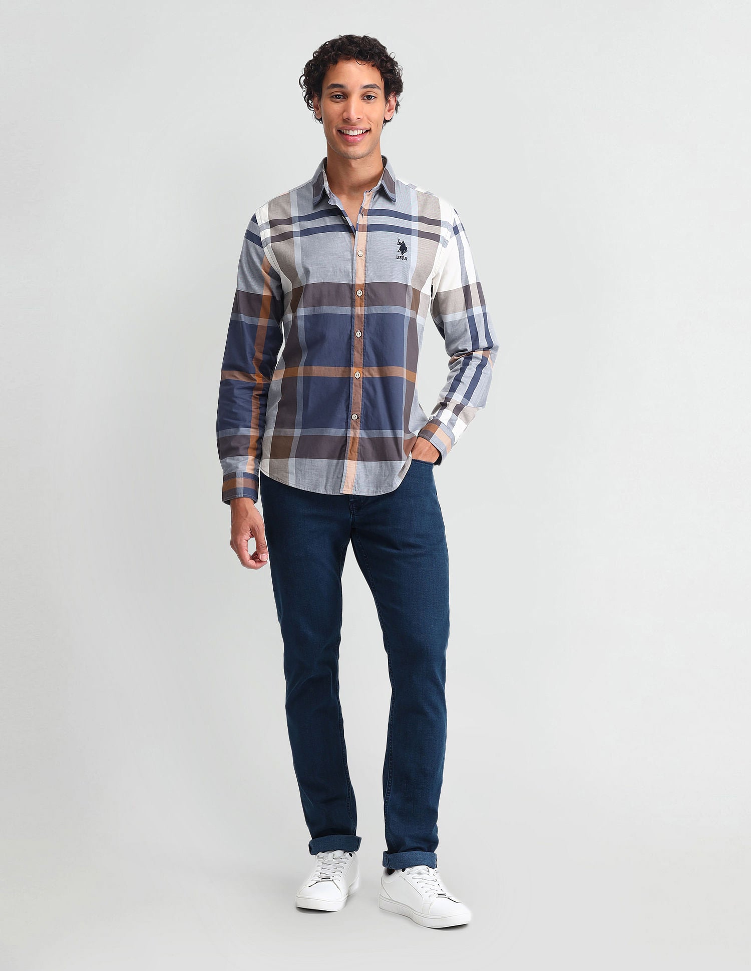 Graph Checked Slim Fit Shirt Light Brown - U.S. Polo Assn. India | Large