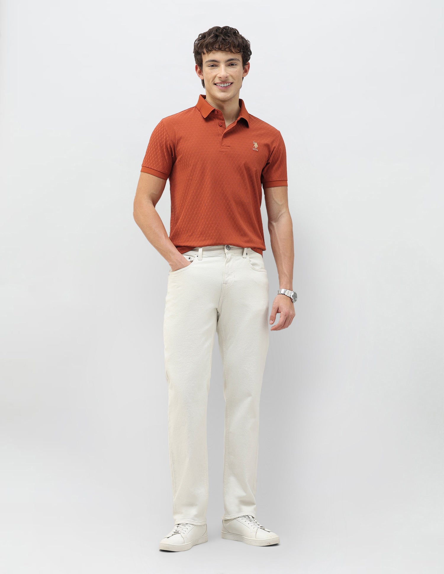 Geometric Patterned Knit Slim Fit Polo Shirt Rust - U.S. Polo Assn. India | Large