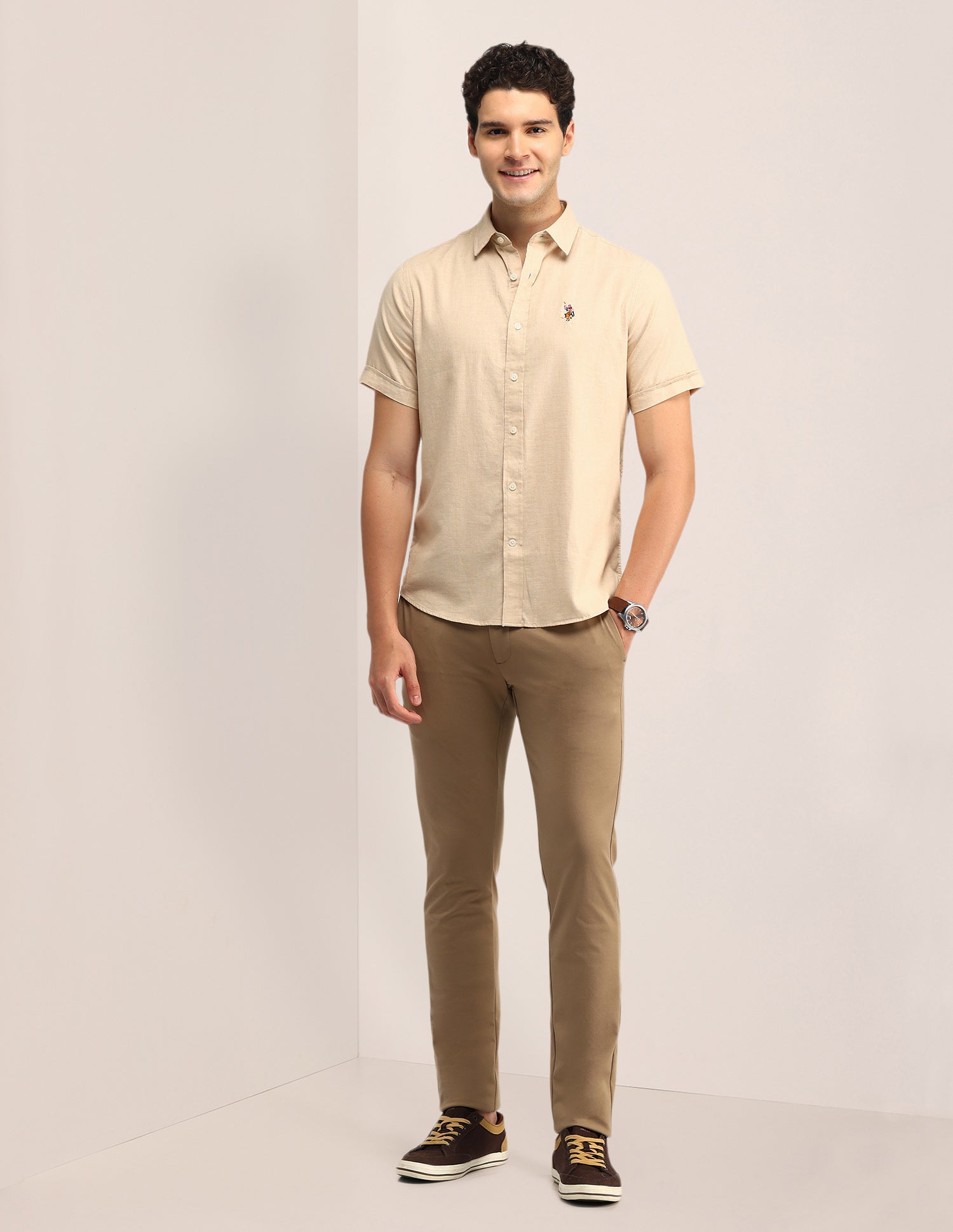 Solid Tailored Fit Shirt Beige - U.S. Polo Assn. India | Large