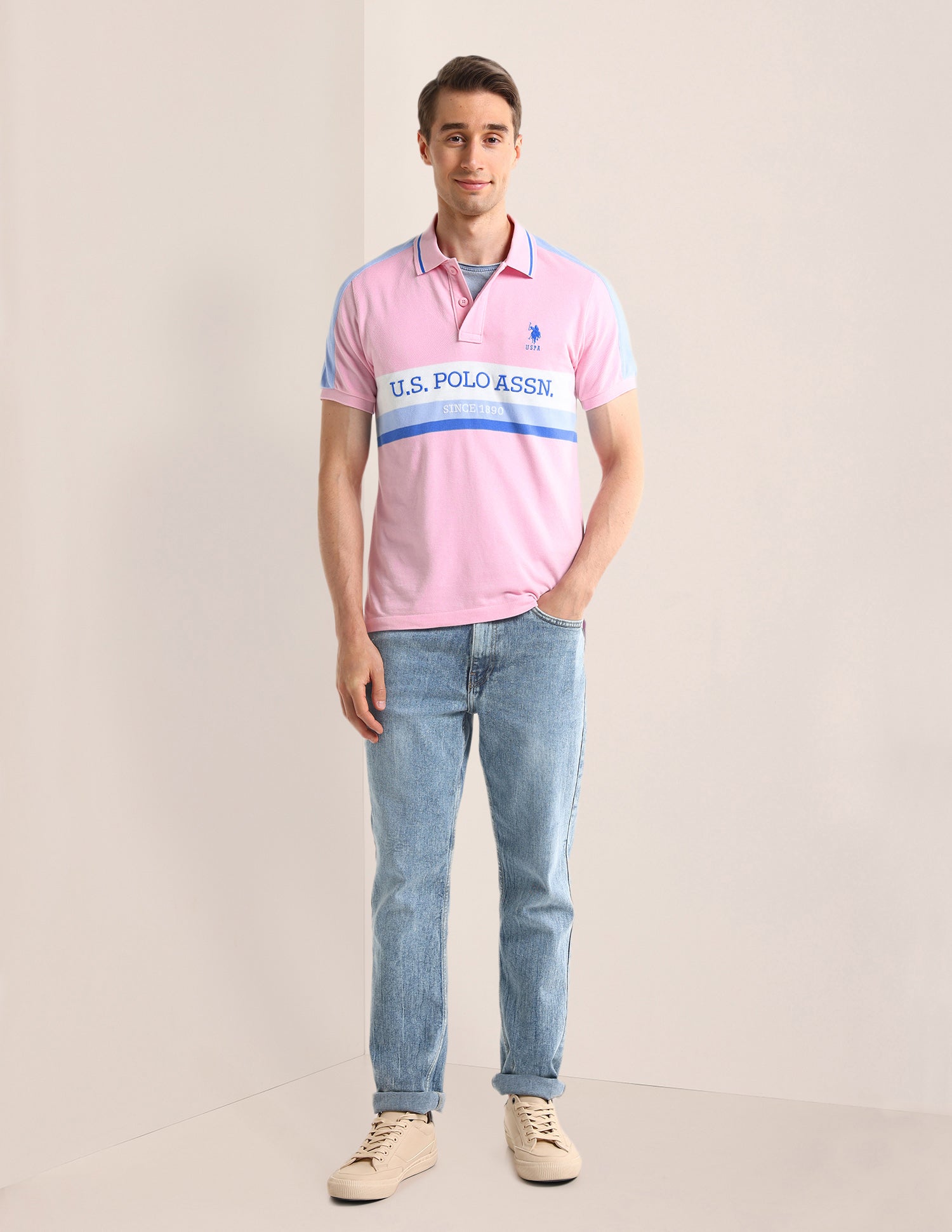 Horizontal Striped Slim Fit Polo Shirt Light-Pink - U.S. POLO ASSN. | Large