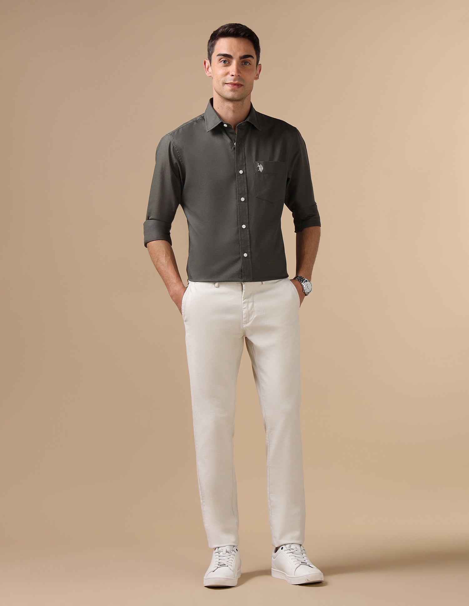 Tailored Fit Pure Cotton Shirt Light Olive - U.S. Polo Assn. India | Large