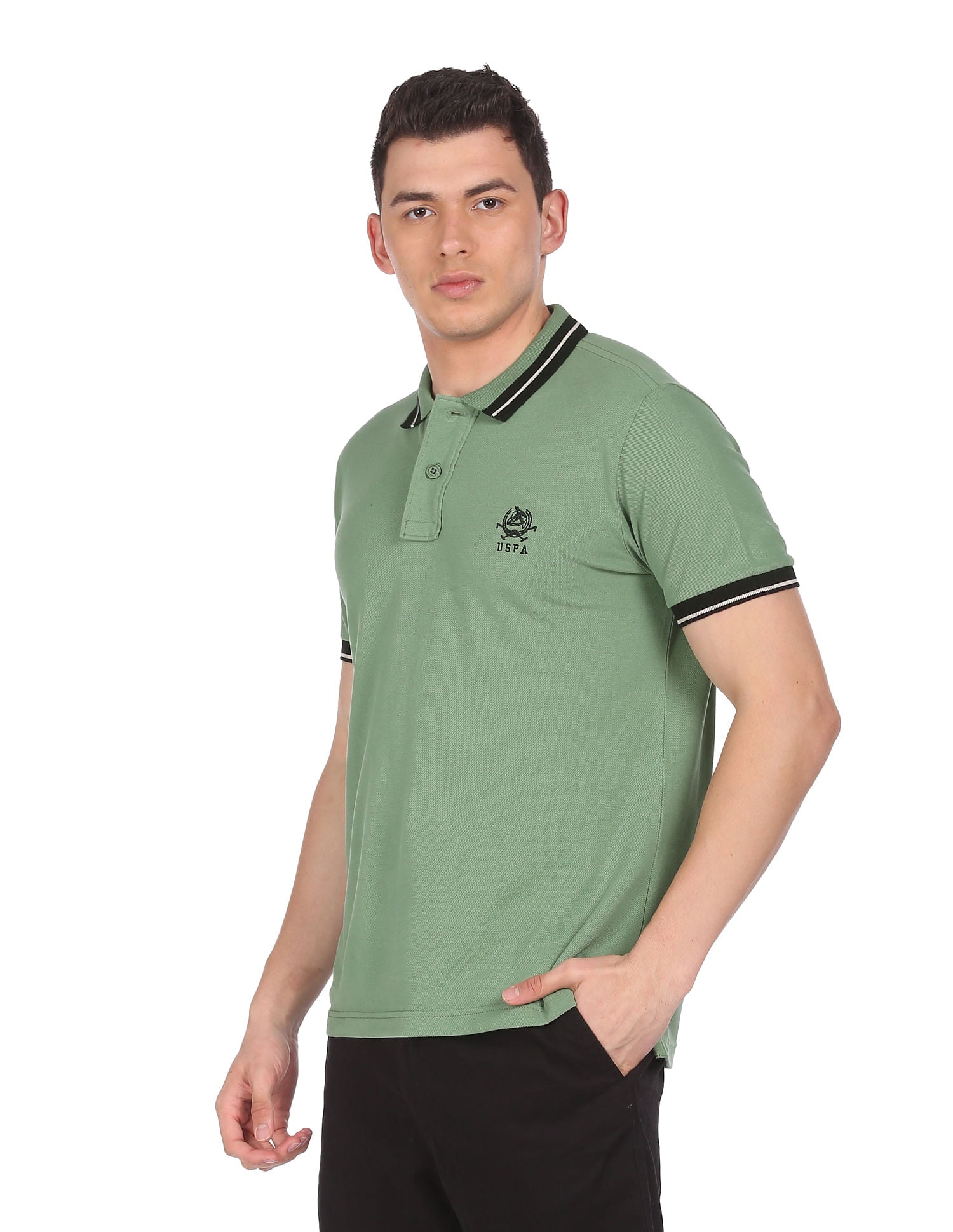 Men Light Olive Cotton Solid Polo Shirt Light Olive - U.S. Polo Assn. India | Large