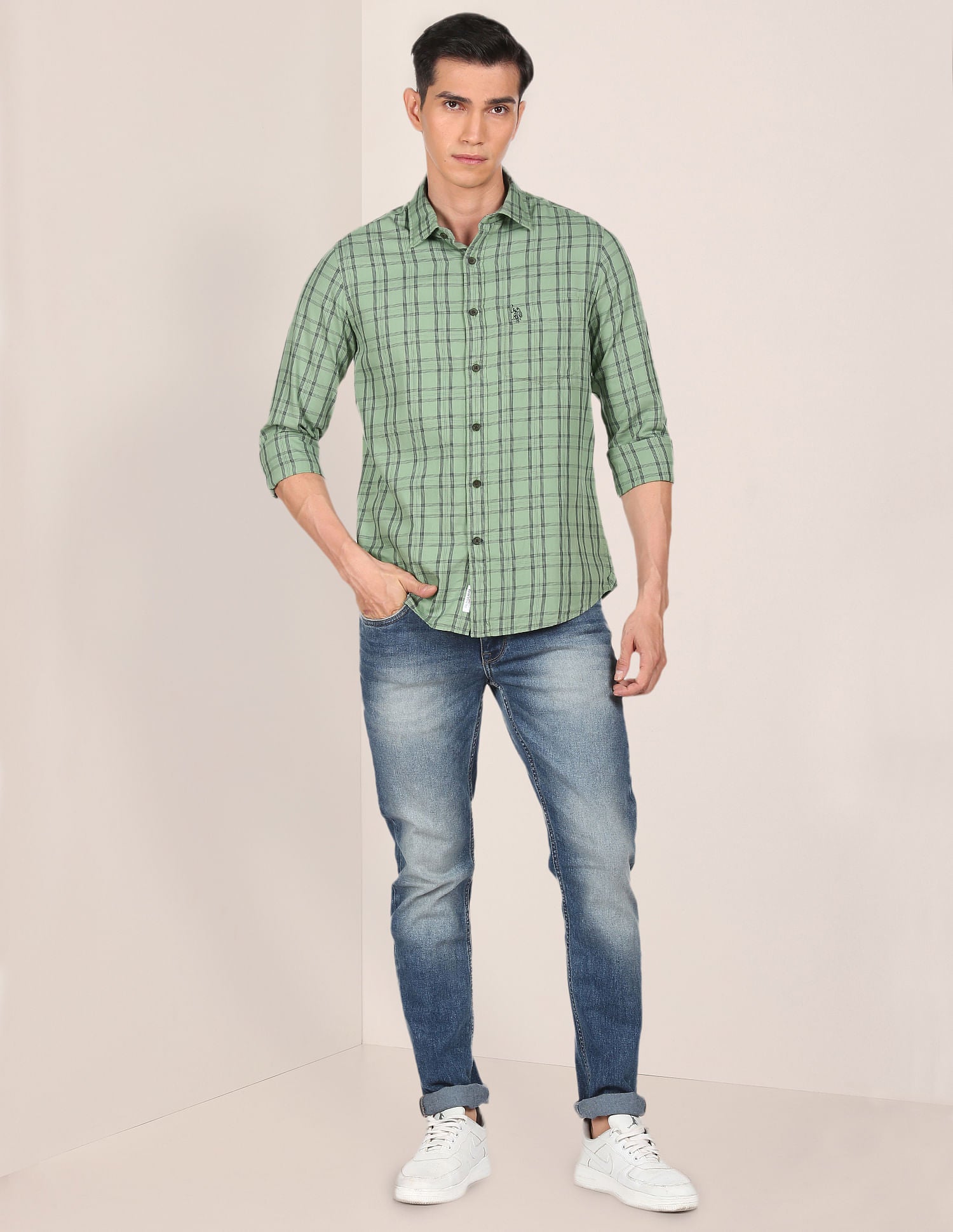 Men Green Pure Cotton Check Casual Shirt Green - U.S. POLO ASSN. | Large