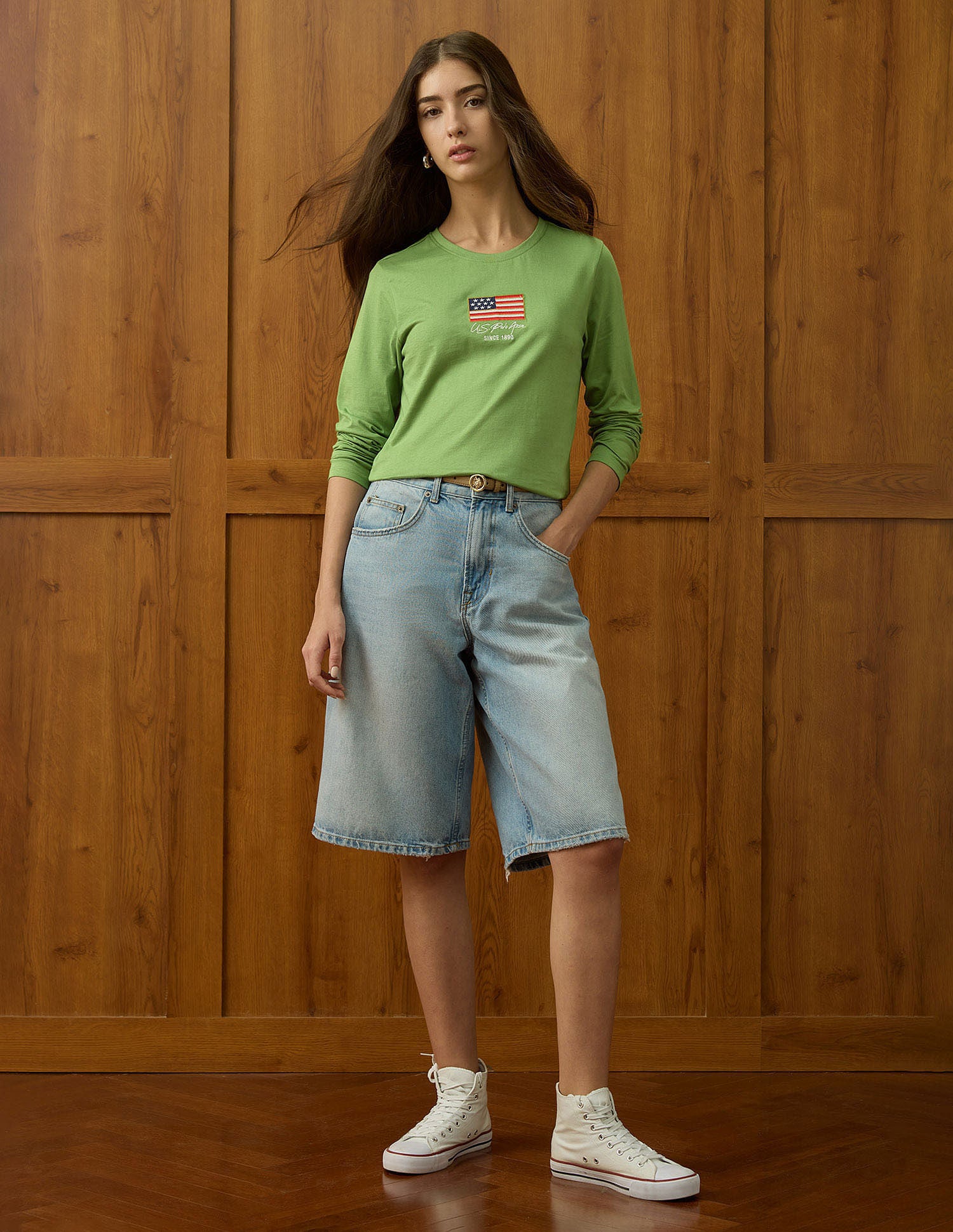 Crew Neck Full Sleeves Tshirt With Flag Embroidery Light Green - U.S. POLO ASSN. | Large