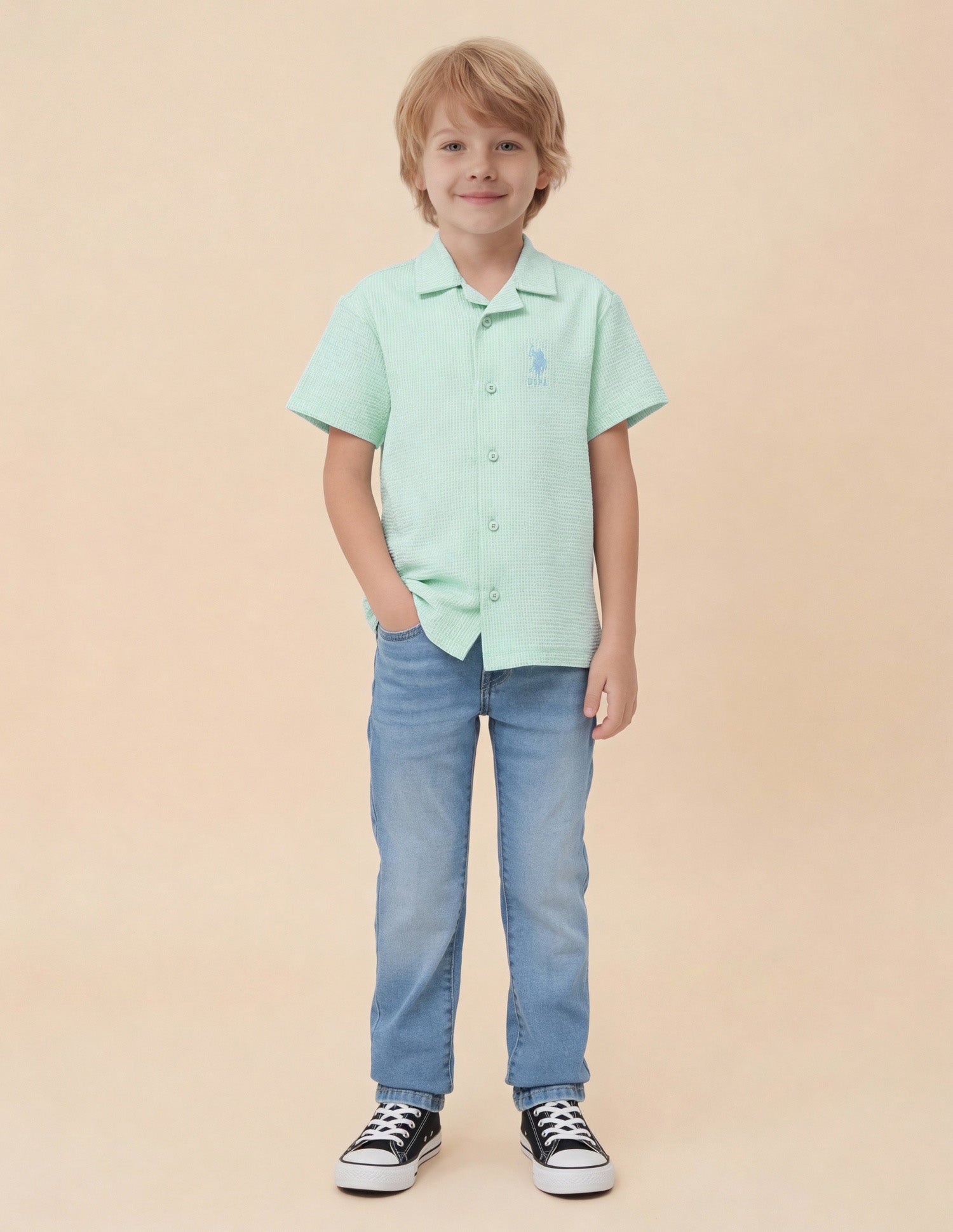 Boys Vertical Striped Seersucker Shirt Light Green - U.S. Polo Assn. India | Large