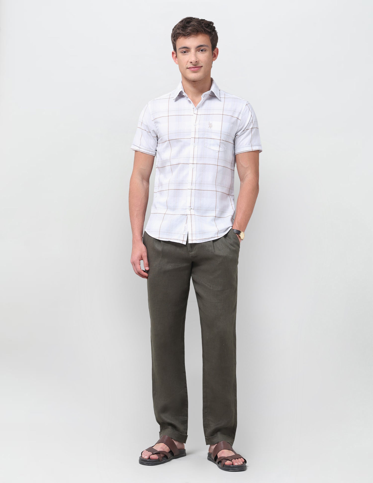 Windowpane Checked Regular Fit Shirt Light Khaki - U.S. Polo Assn. India | Large