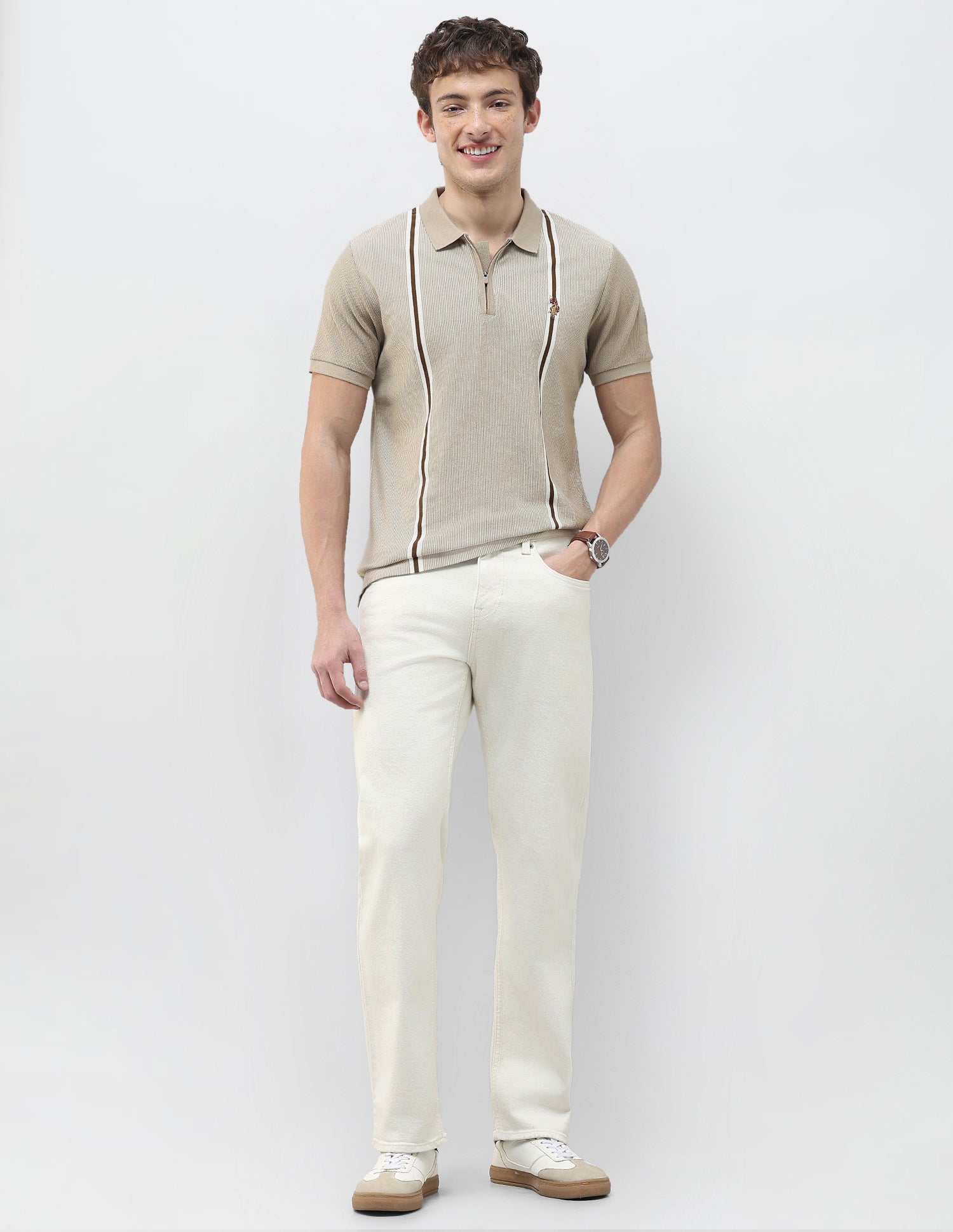 Vertical Striped Slim Fit Polo Shirt Beige - U.S. Polo Assn. India | Large