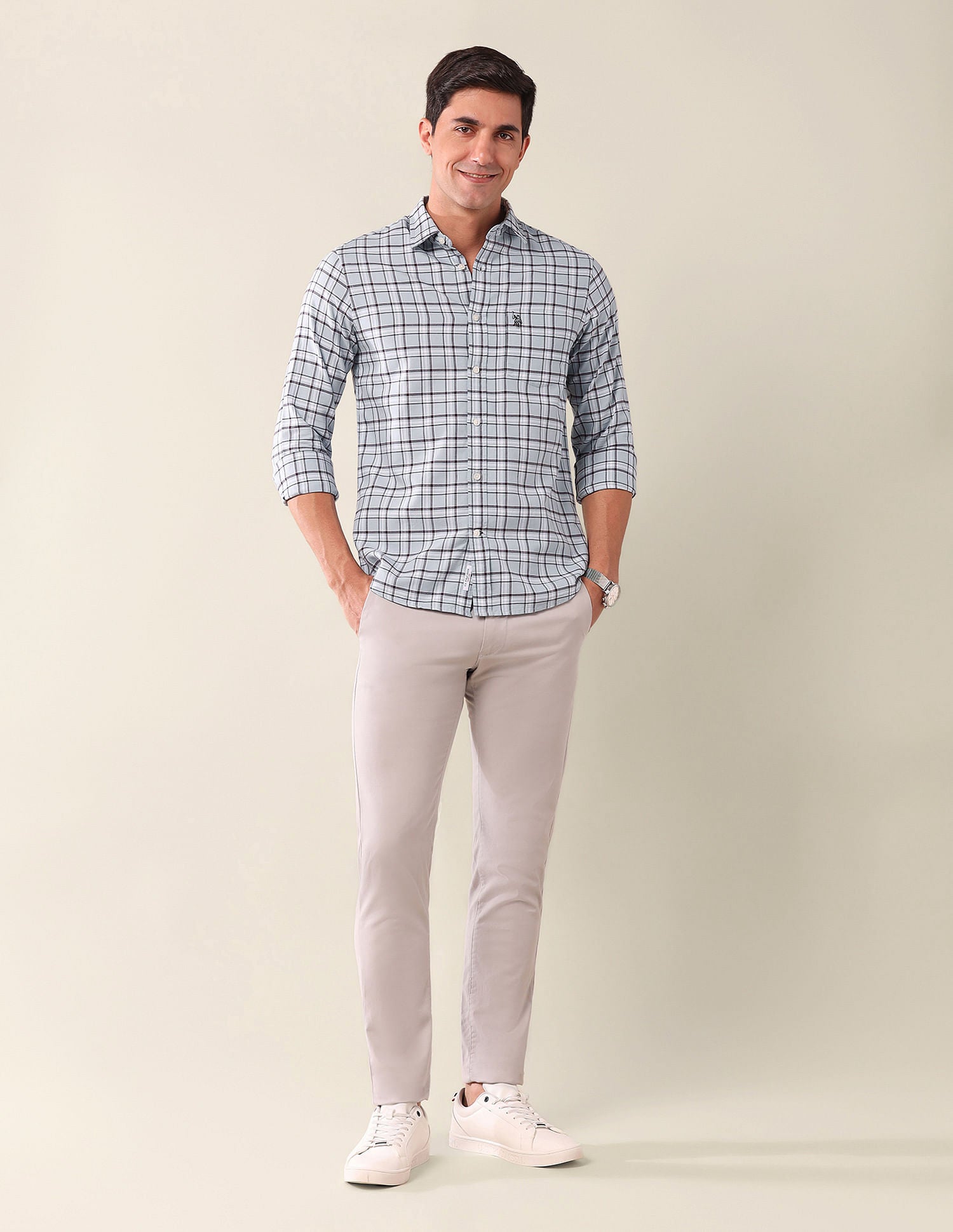 Tailored Fit Checked Shirt Light Grey - U.S. Polo Assn. India | Large