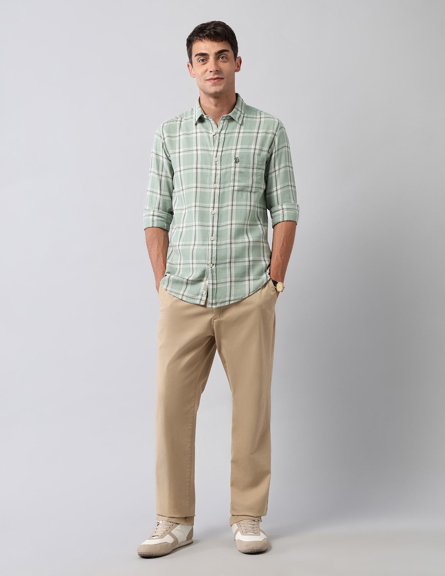 Tartan Checked Pure Cotton Shirt Light Green - U.S. Polo Assn. India | Large