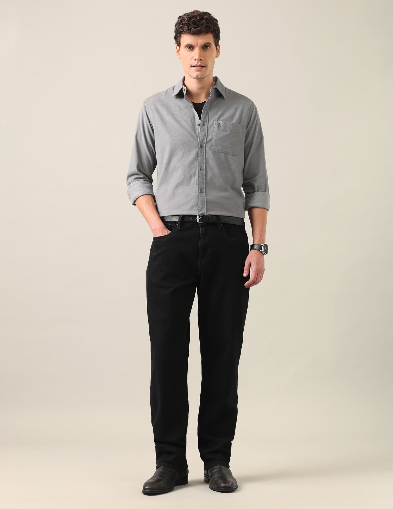 Solid Corduroy Shirt Light Grey - U.S. Polo Assn. India | Large