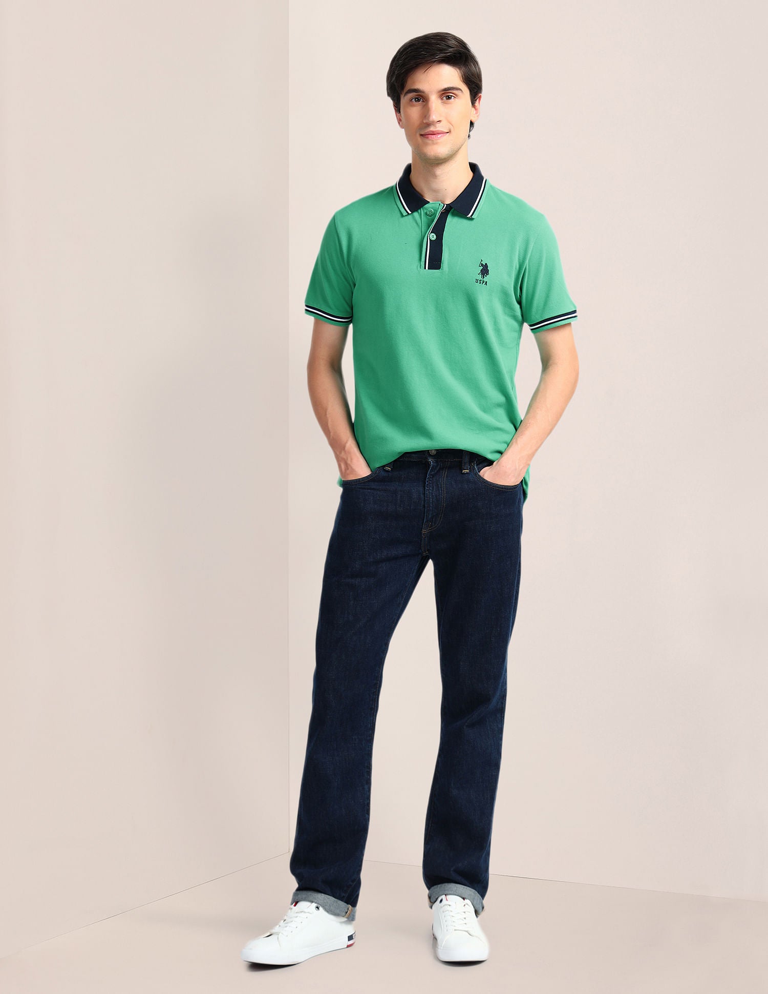 Contrast Collar Slim Polo Shirt Green - U.S. POLO ASSN. | Large