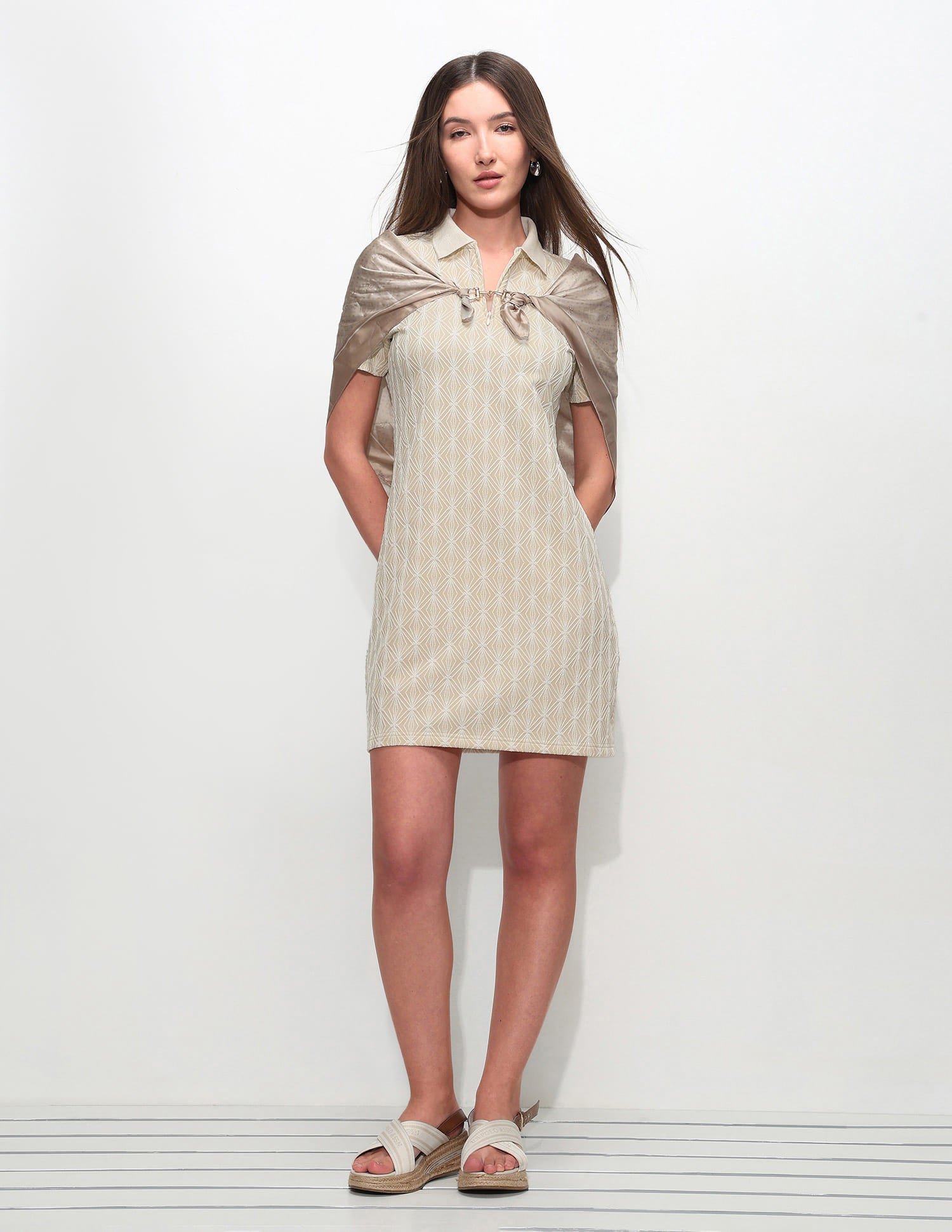 Geometric Self Design Polo Shirt Dress Beige - U.S. Polo Assn. India | Large