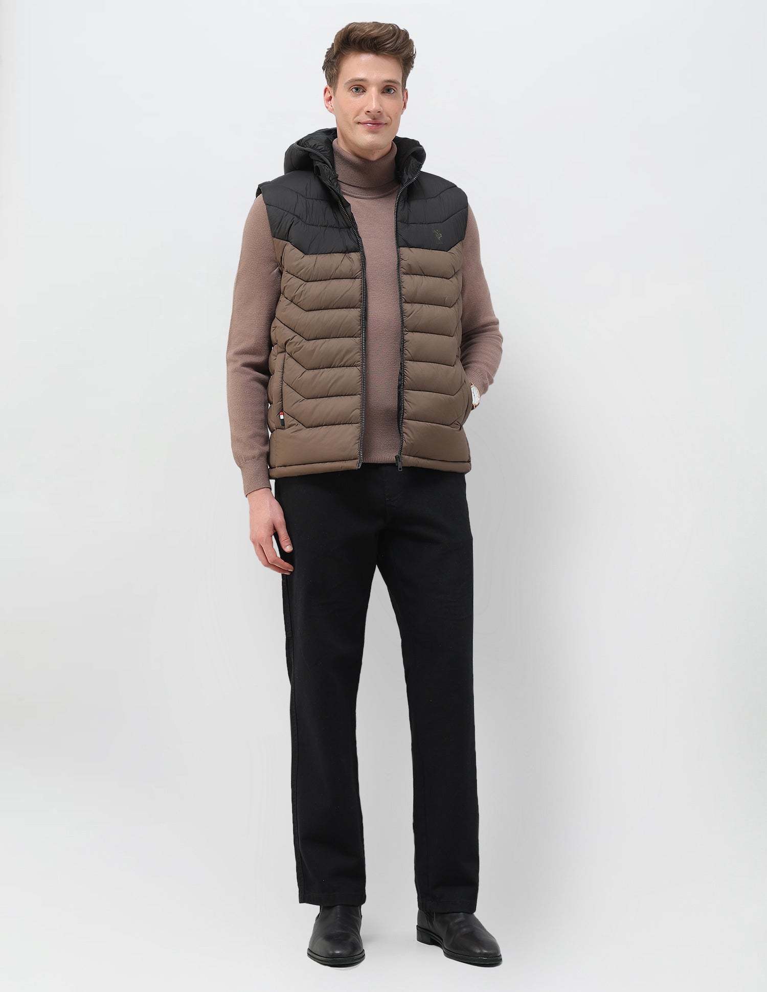 Colour Blocked Removable Hood Puffer Jacket Dark Brown - U.S. POLO ASSN. | Large