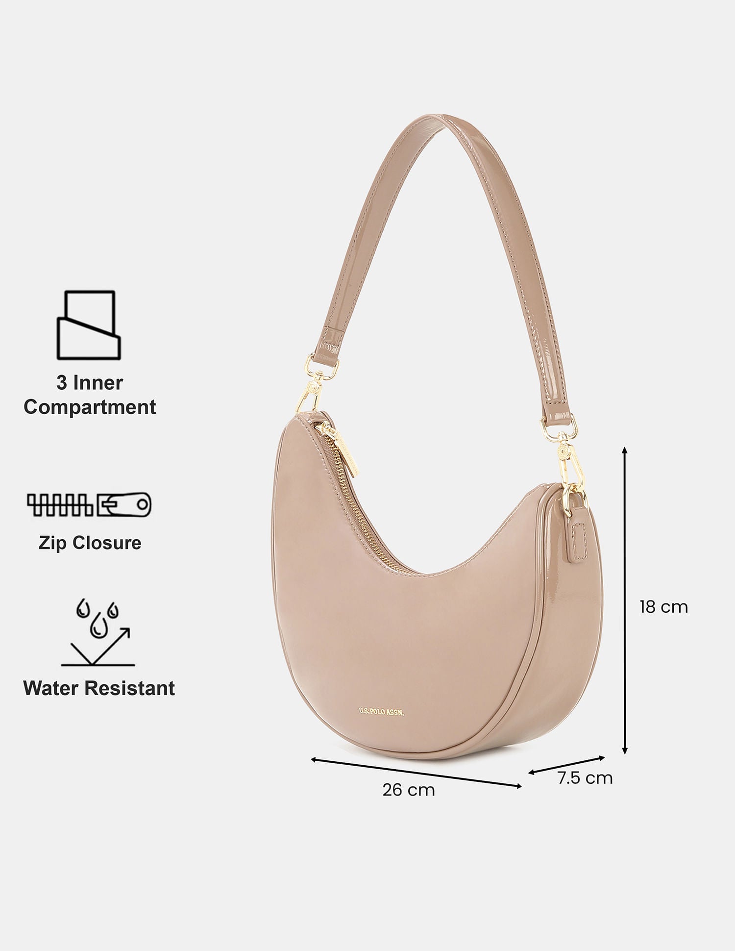 Women Belle Half-Moon Shoulder Bag with Patent Finish Dark Grey - U.S. POLO ASSN. | Large