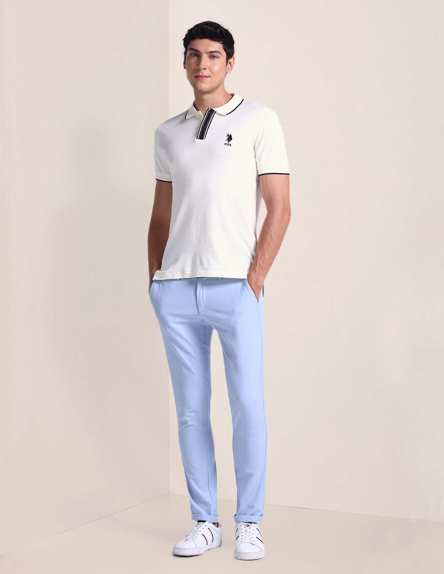 Stripe Placket Slim Polo Shirt Off White - U.S. Polo Assn. India | Large